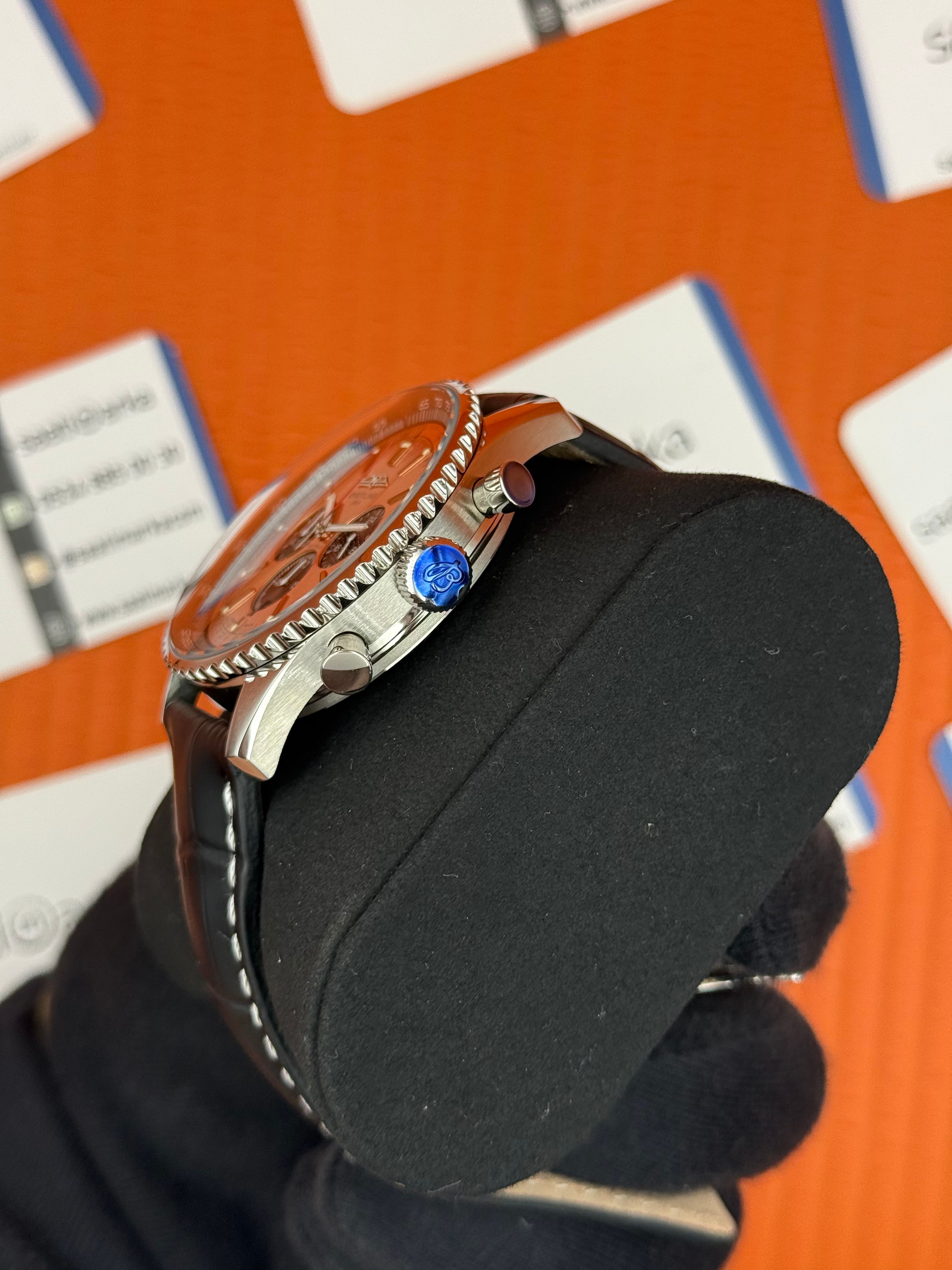 BREITLING Navitimer siyah deri kordon turuncu kadran çelik kasa 