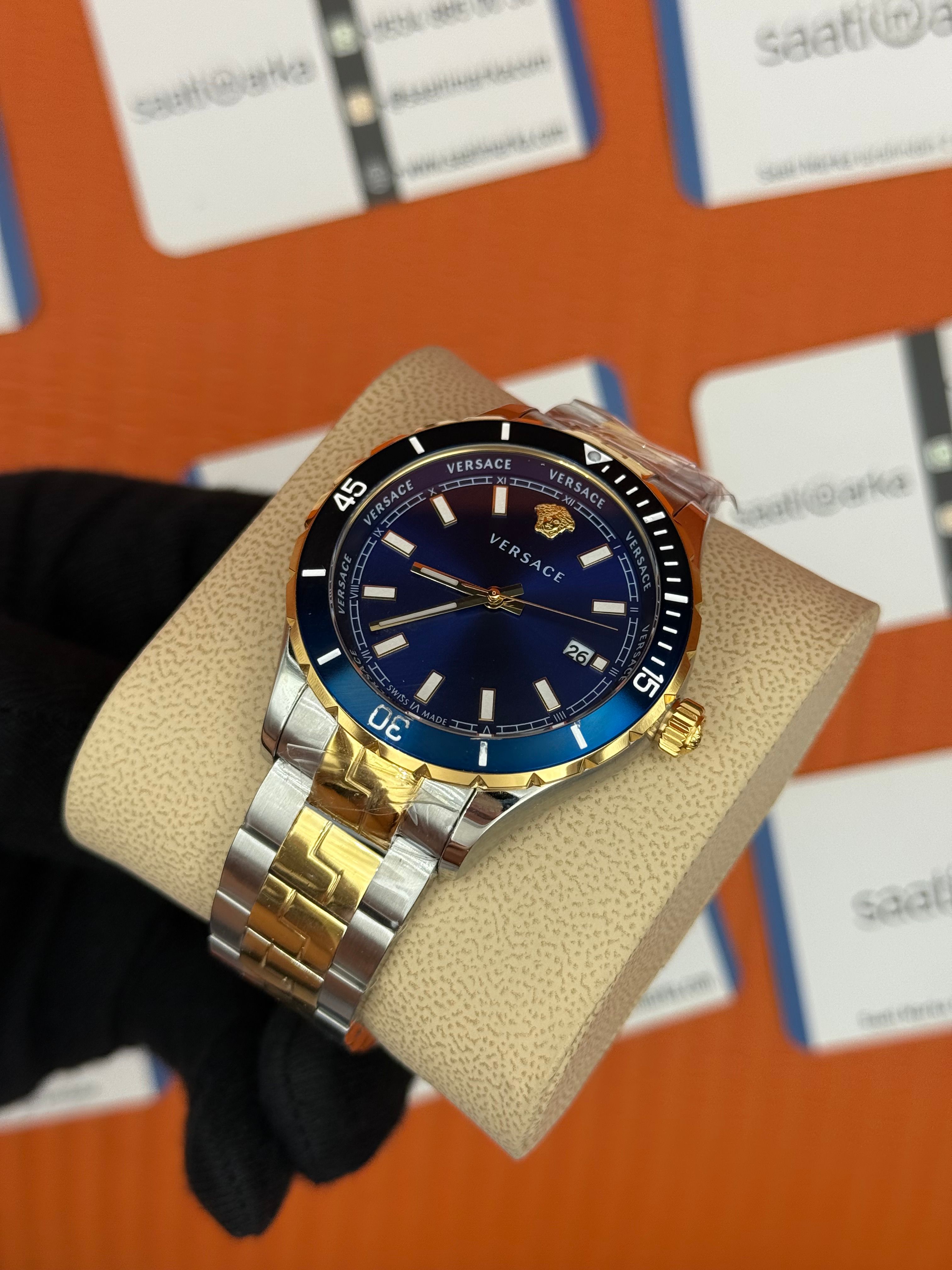 VERSACE MAVİ KADRAN MAVİ BEZEL GOLD SİLVER KASA KORDON ERKEK KOL SAATİ