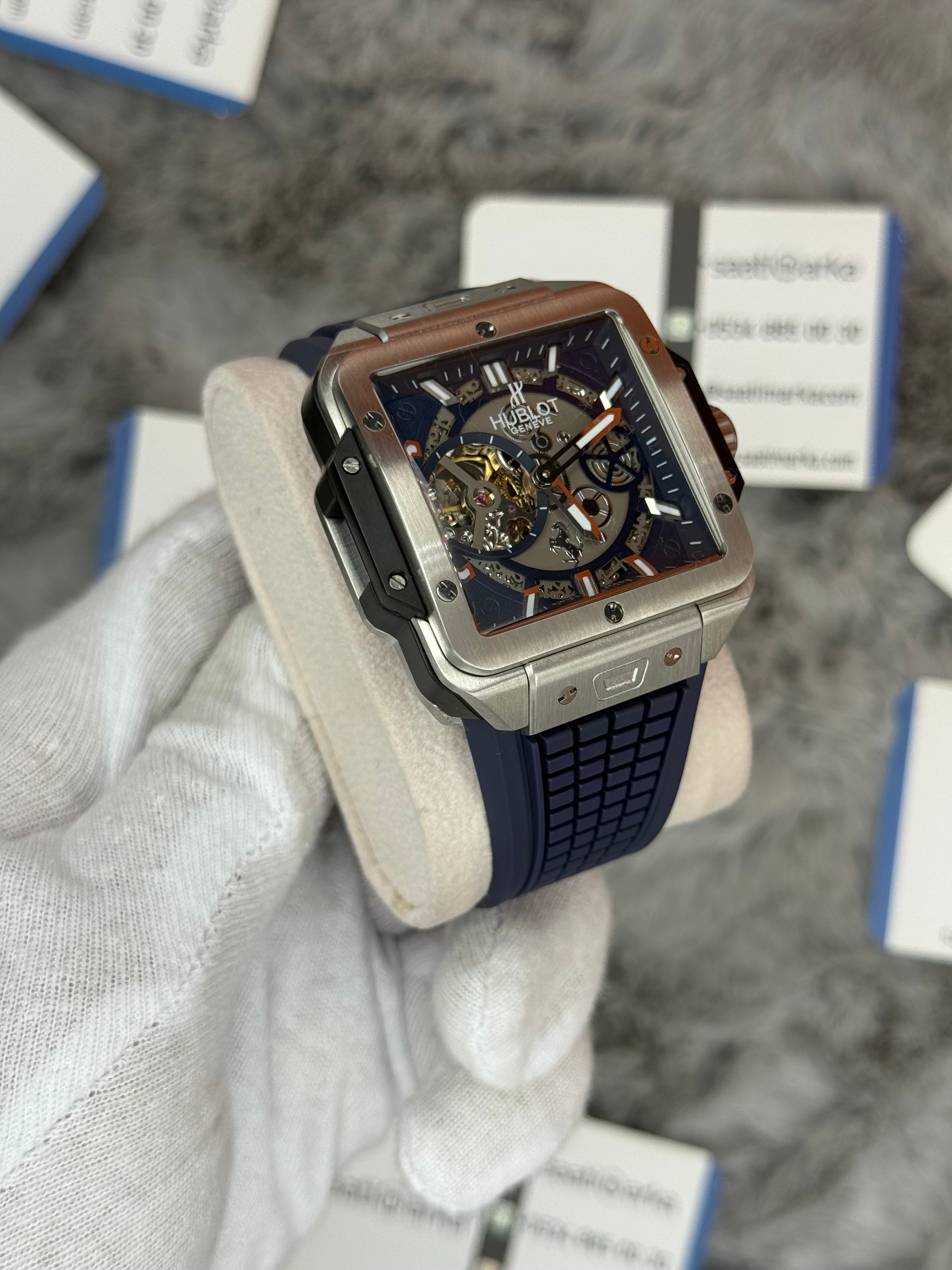 HUBLOT square bang tourbillon 42mm silver kasa lacivert kauçuk kordon erkek kol saati