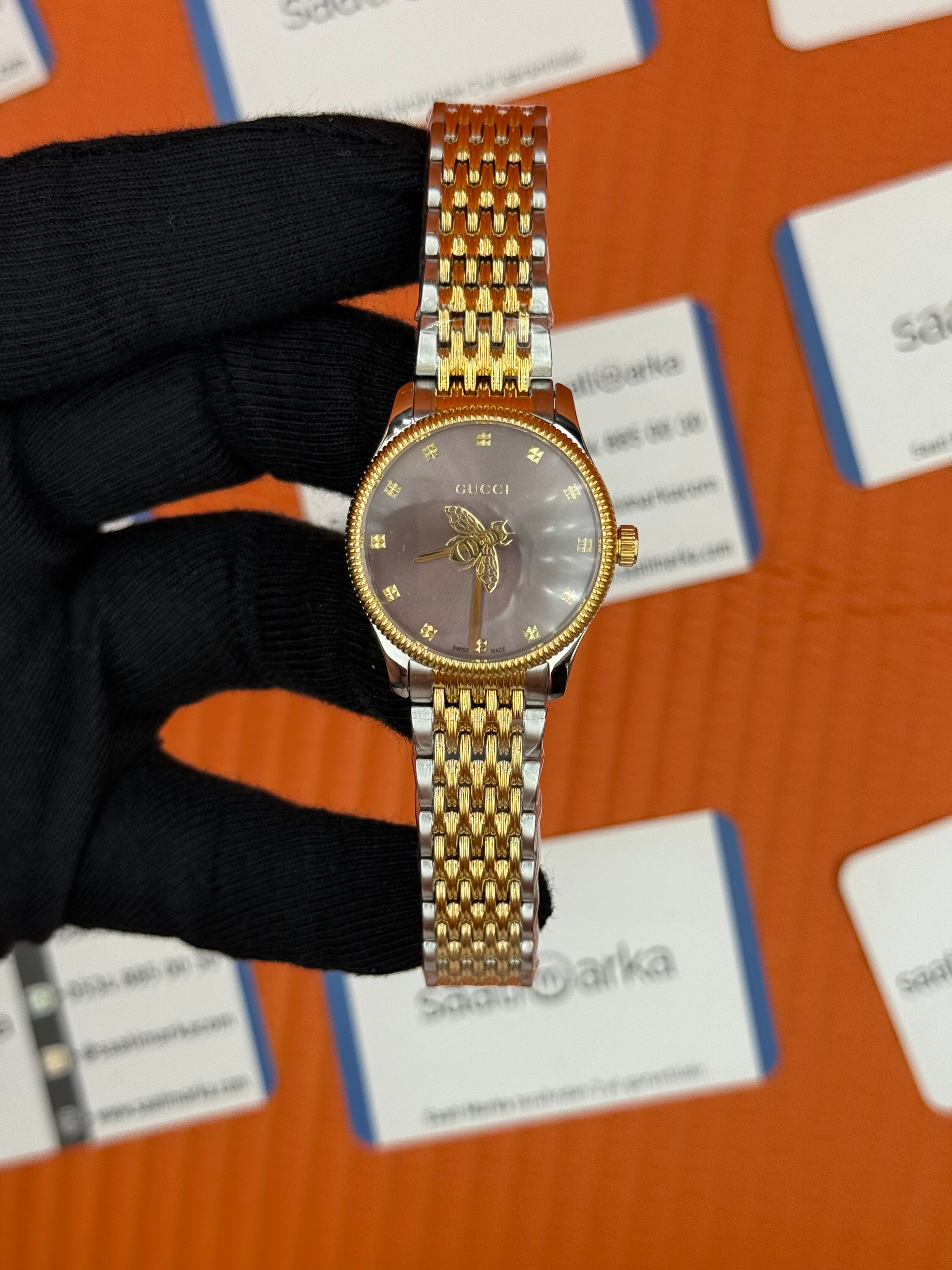 GUCCI kahverengi kadran gold silver kasa kordon kadın kol saati
