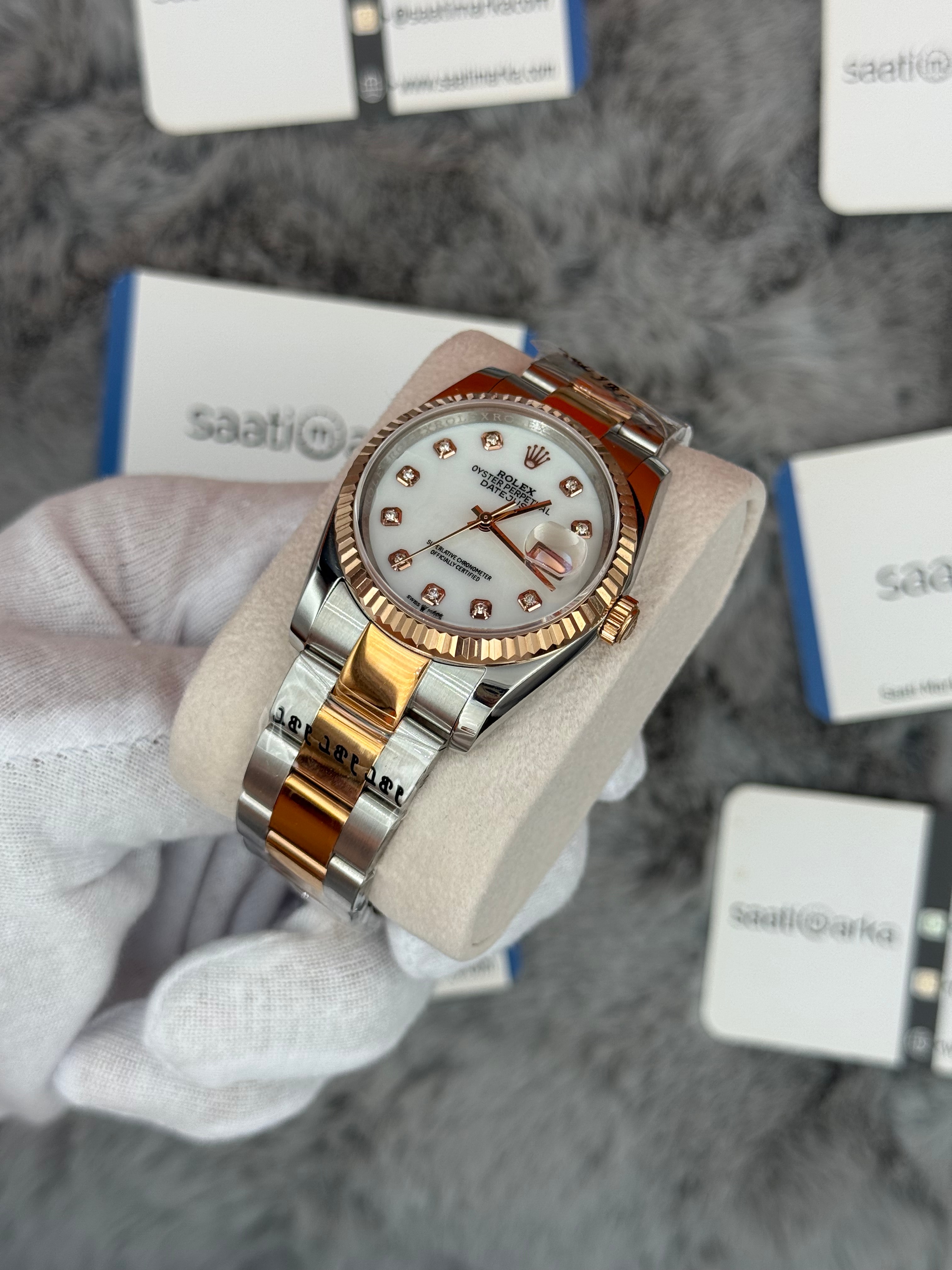 ROLEX Datejust 36mm beyaz baget taşlı kadran silver kasa rose silver oyster kordon 