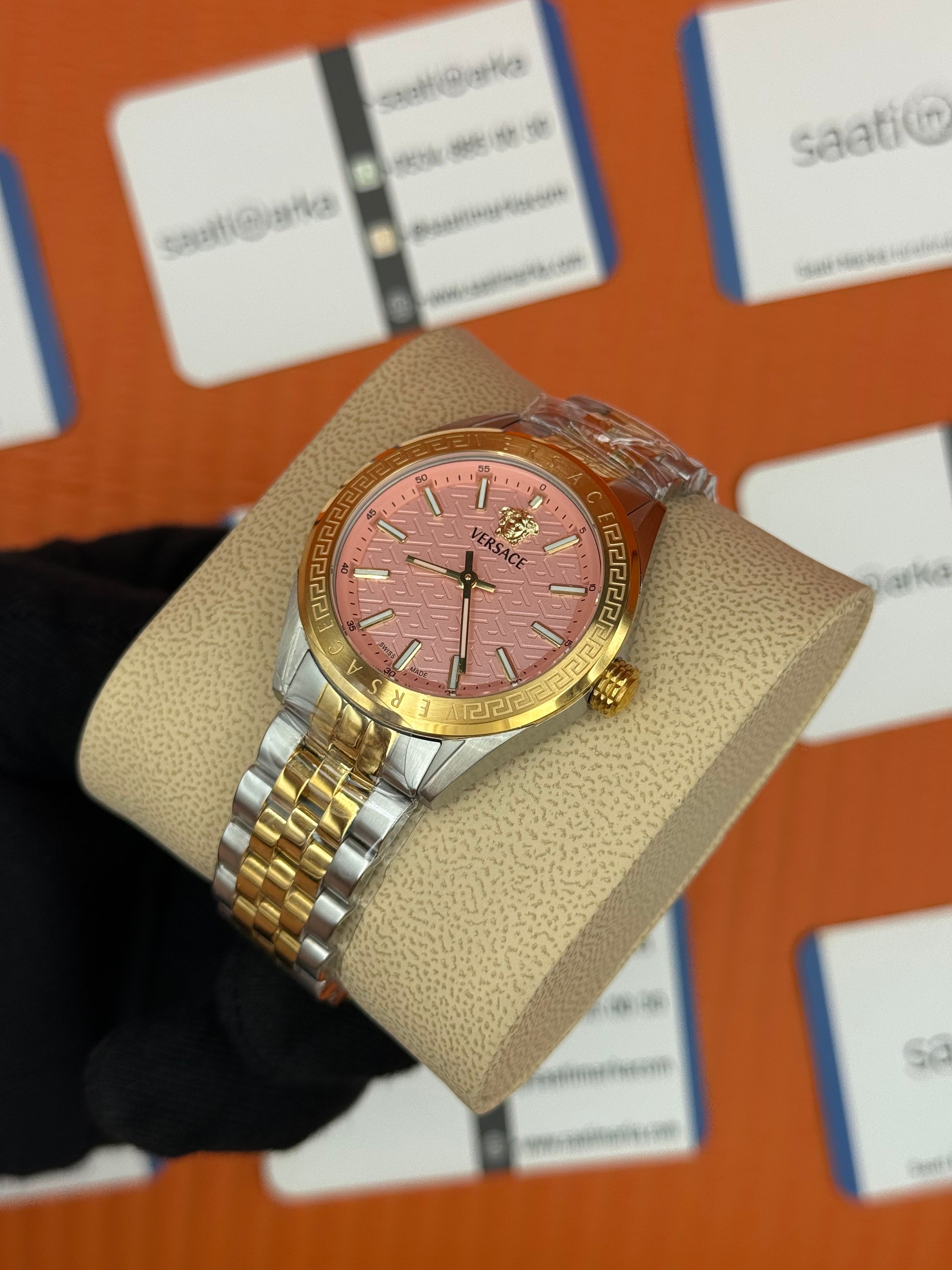 VERSACE pembe kadran gold silver kordon kadın kol saati