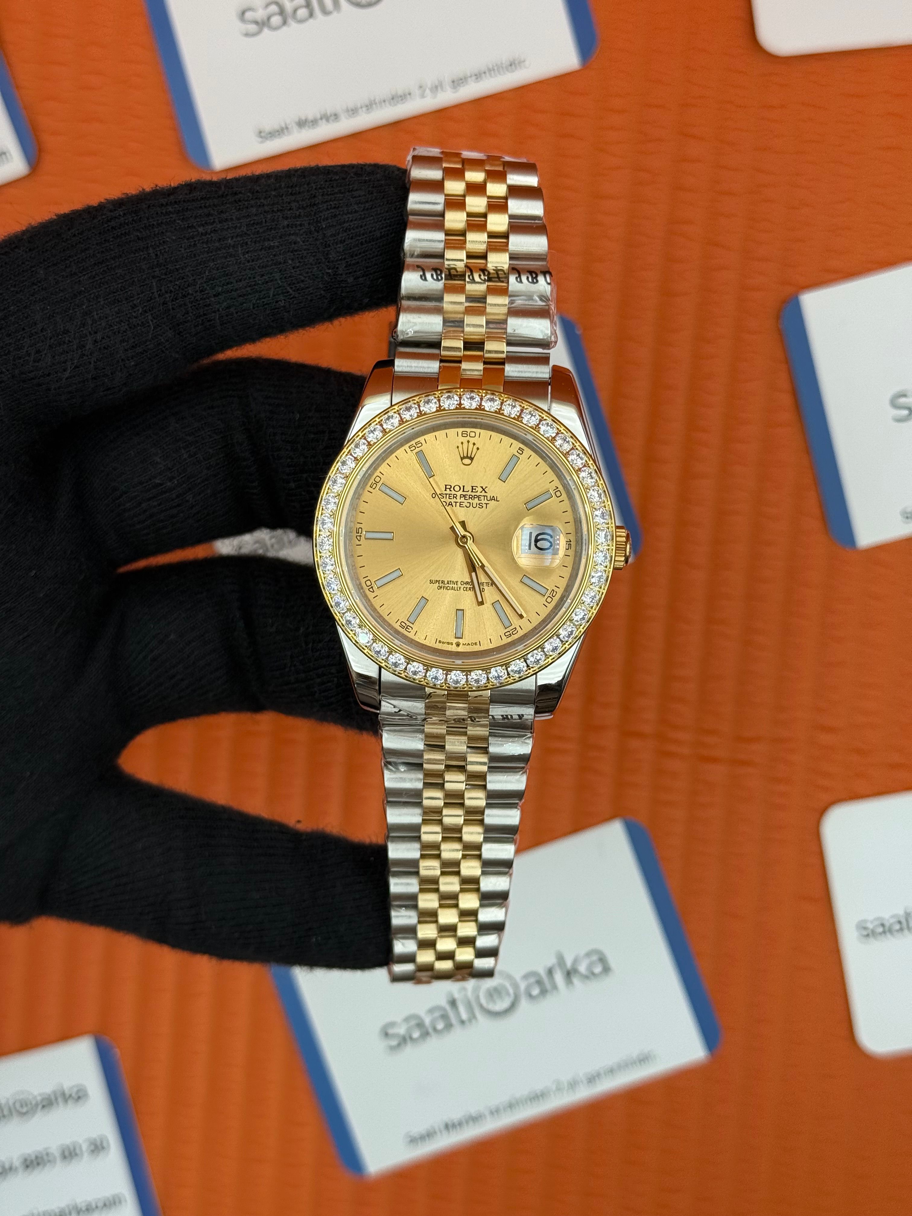 ROLEX Datejust taşlı bezel champagne dial gold silver jubilee krodon