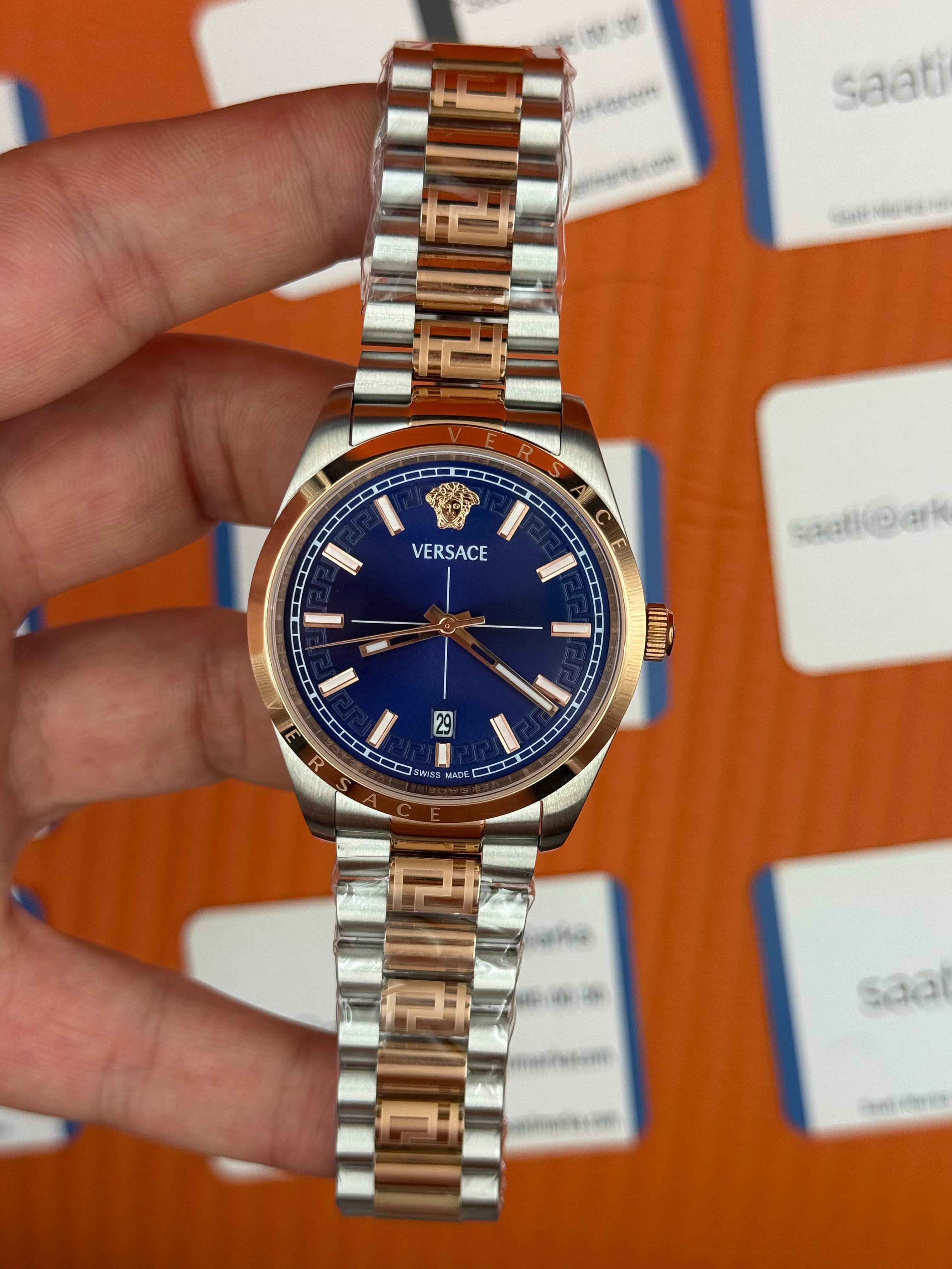 VERSACE  40mm lacivert kadran rose silver kasa kordon erkek kol saati