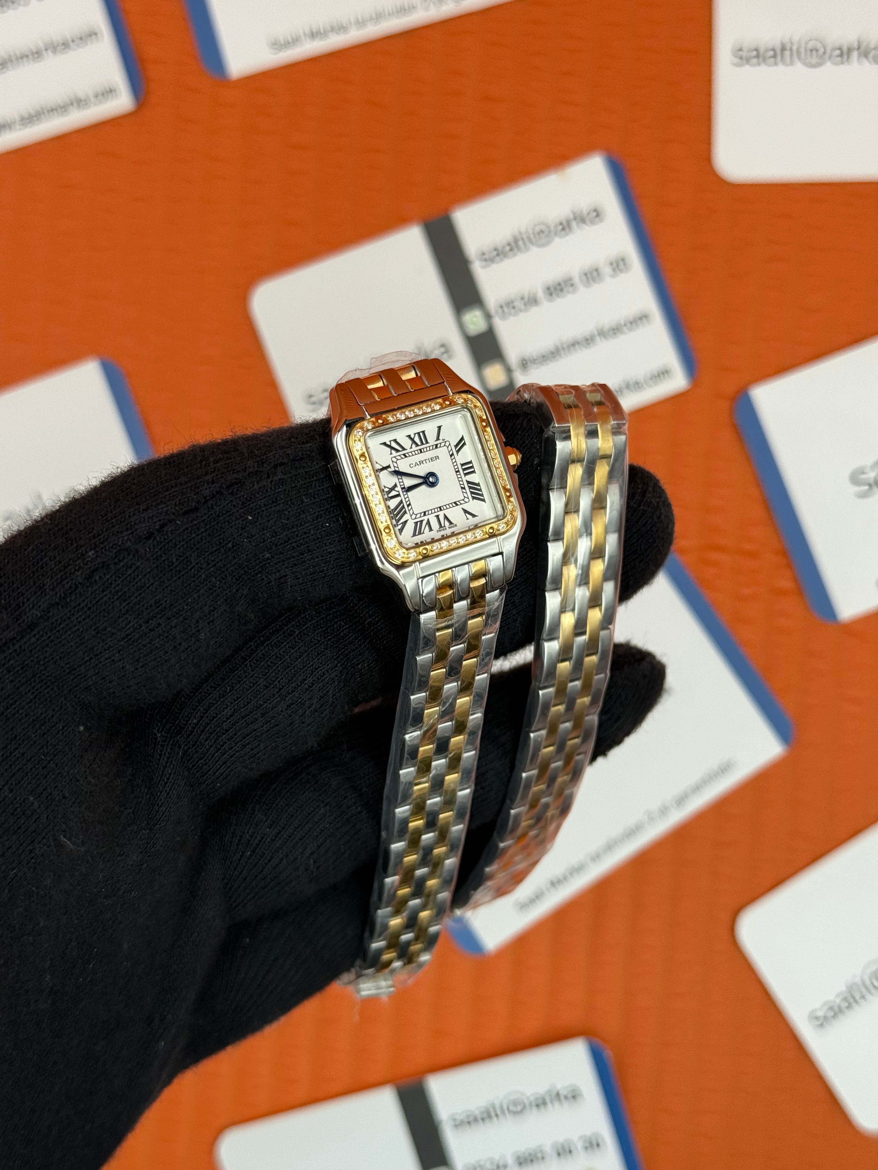 CARTIER Panthere 22mm çift sarma gold-silver kordon taşlı bezel silver kasa 