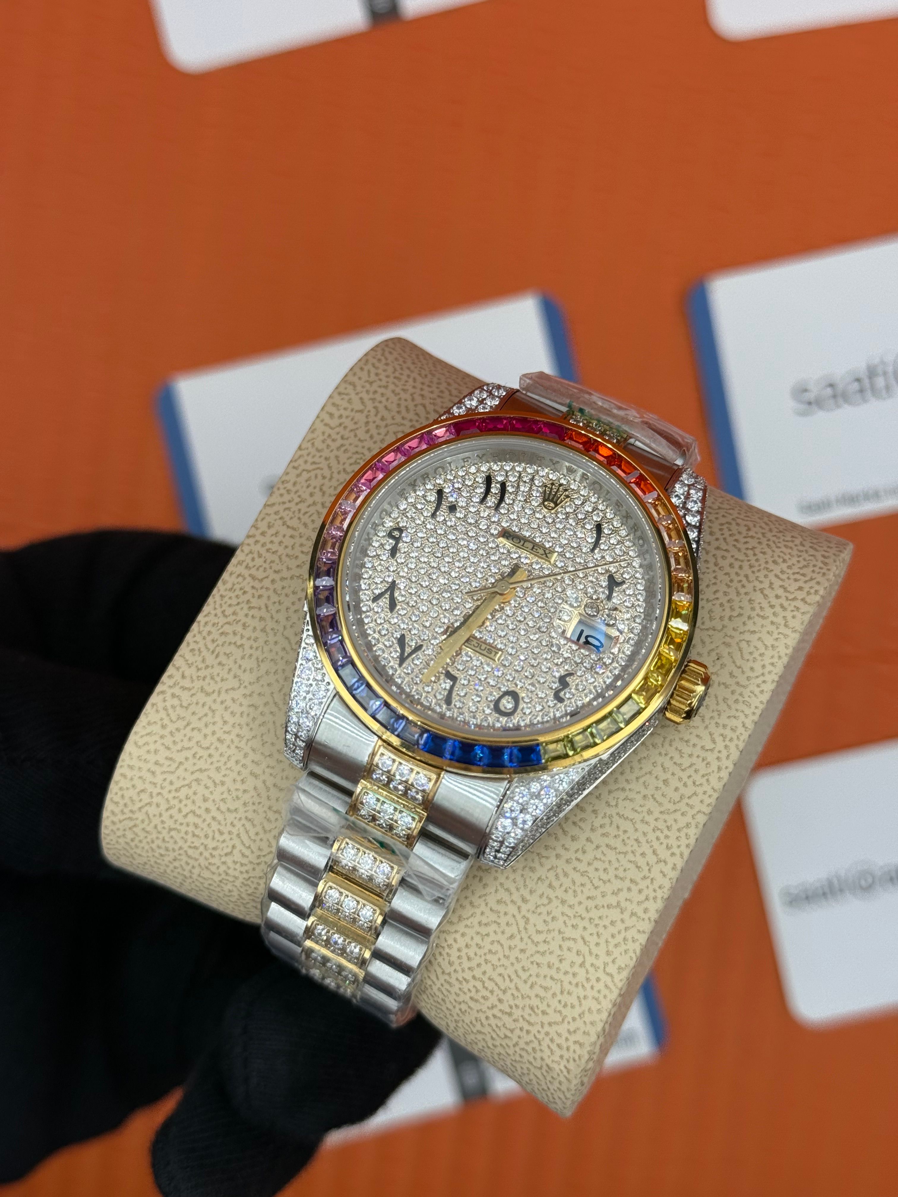 ROLEX Datejust arap rakamlı kadran taşlı kasa kordon gold silver