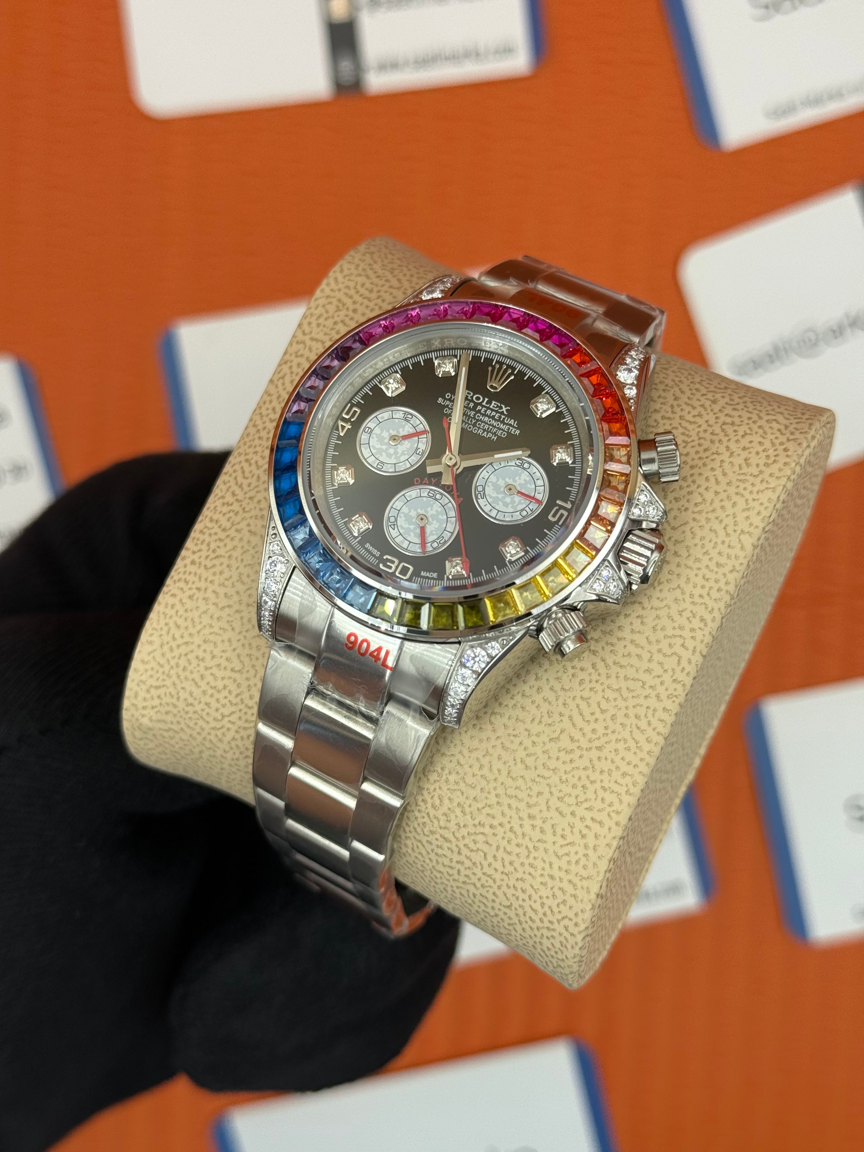 ROLEX Daytona rainbow black dial silver kasa-kordon