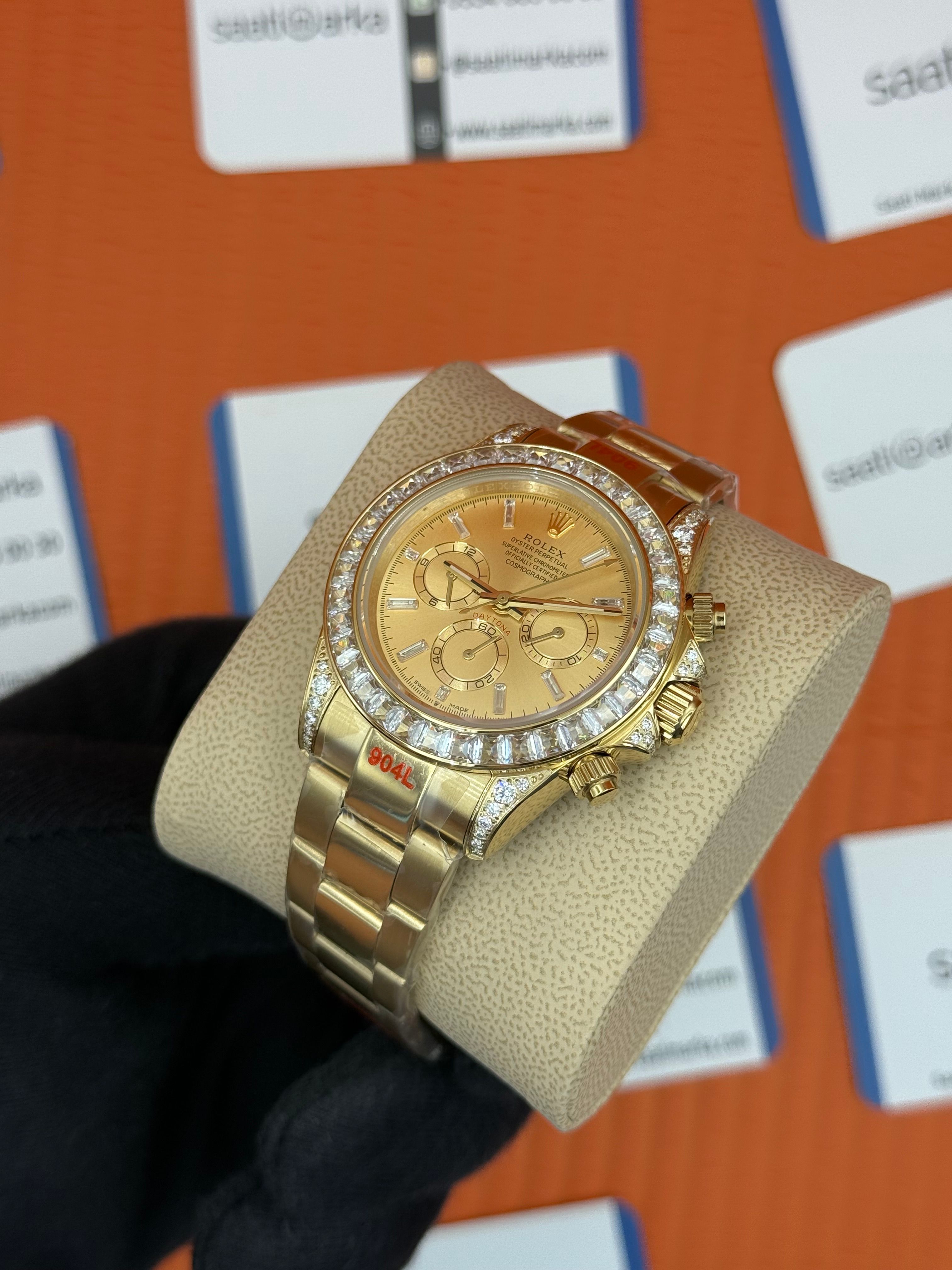 ROLEX Daytona taşlı bezel champagne dial gold kasa-kordon