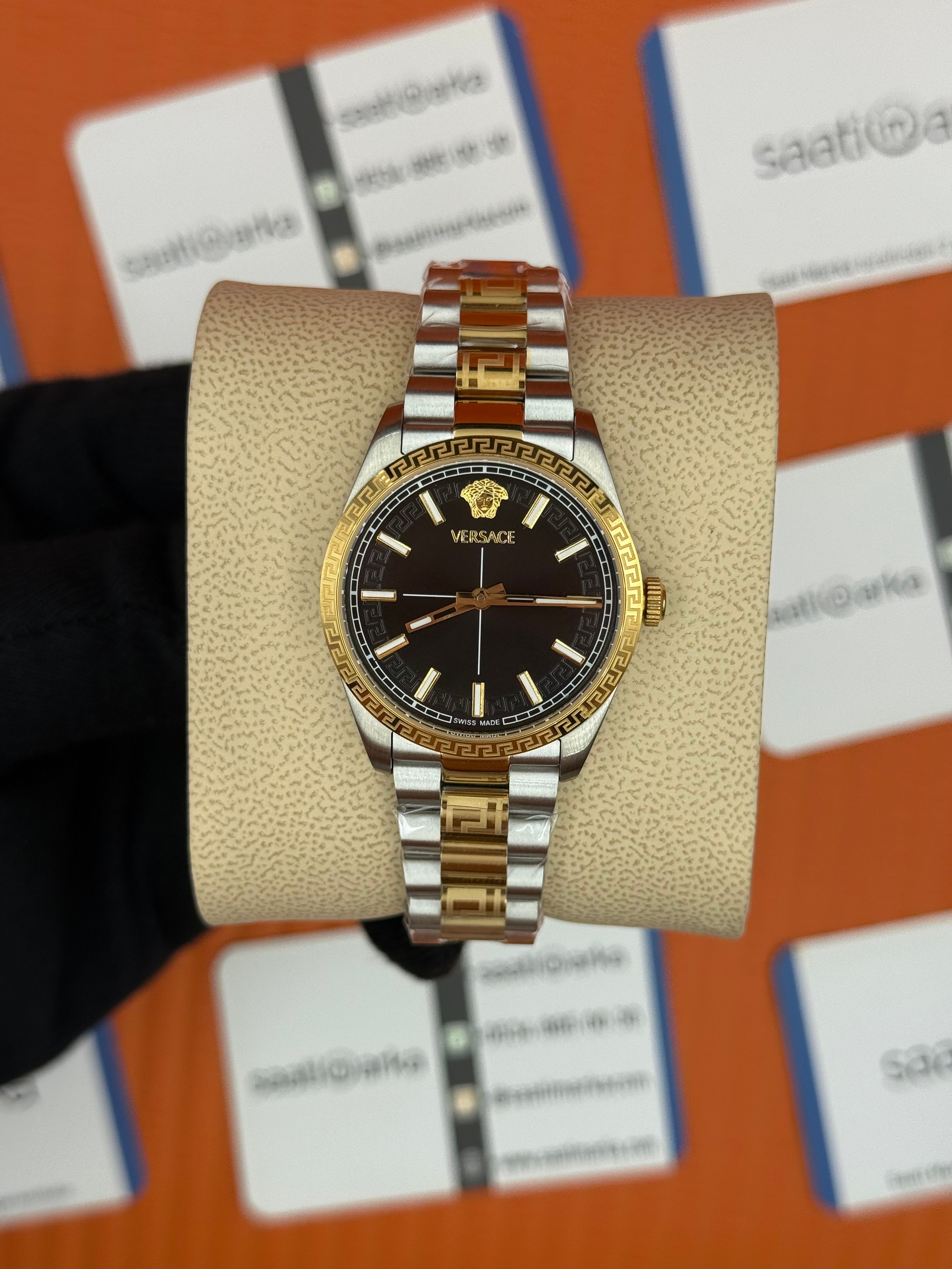 VERSACE siyah kadran gold silver kasa kordon kadın kol saati