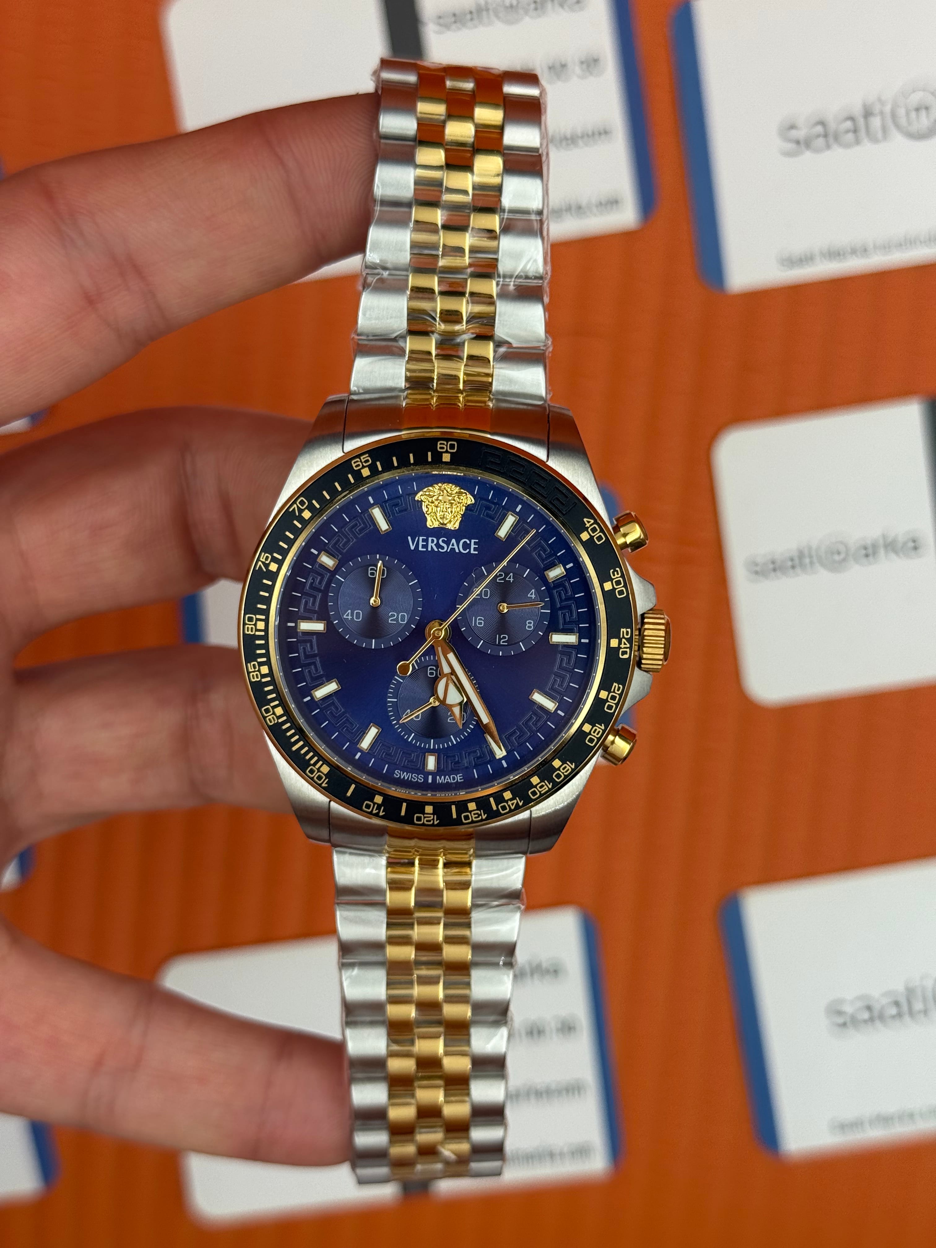 VERSACE lacivert kadran gold silver kasa kordon jubilee erkek kol saati