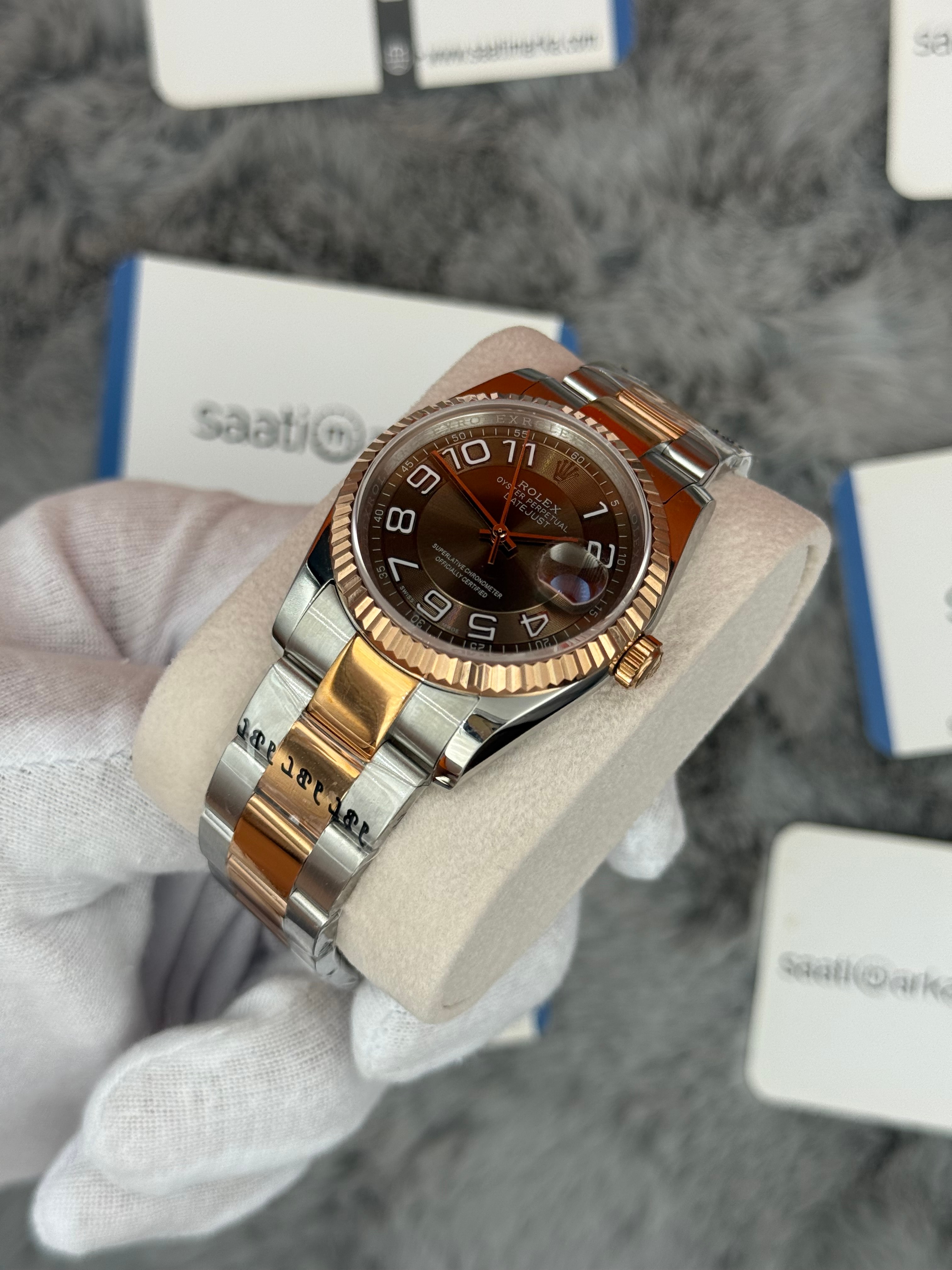 ROLEX Datejust 36mm kahverengi kadran silver kasa rose silver oyster kordon 