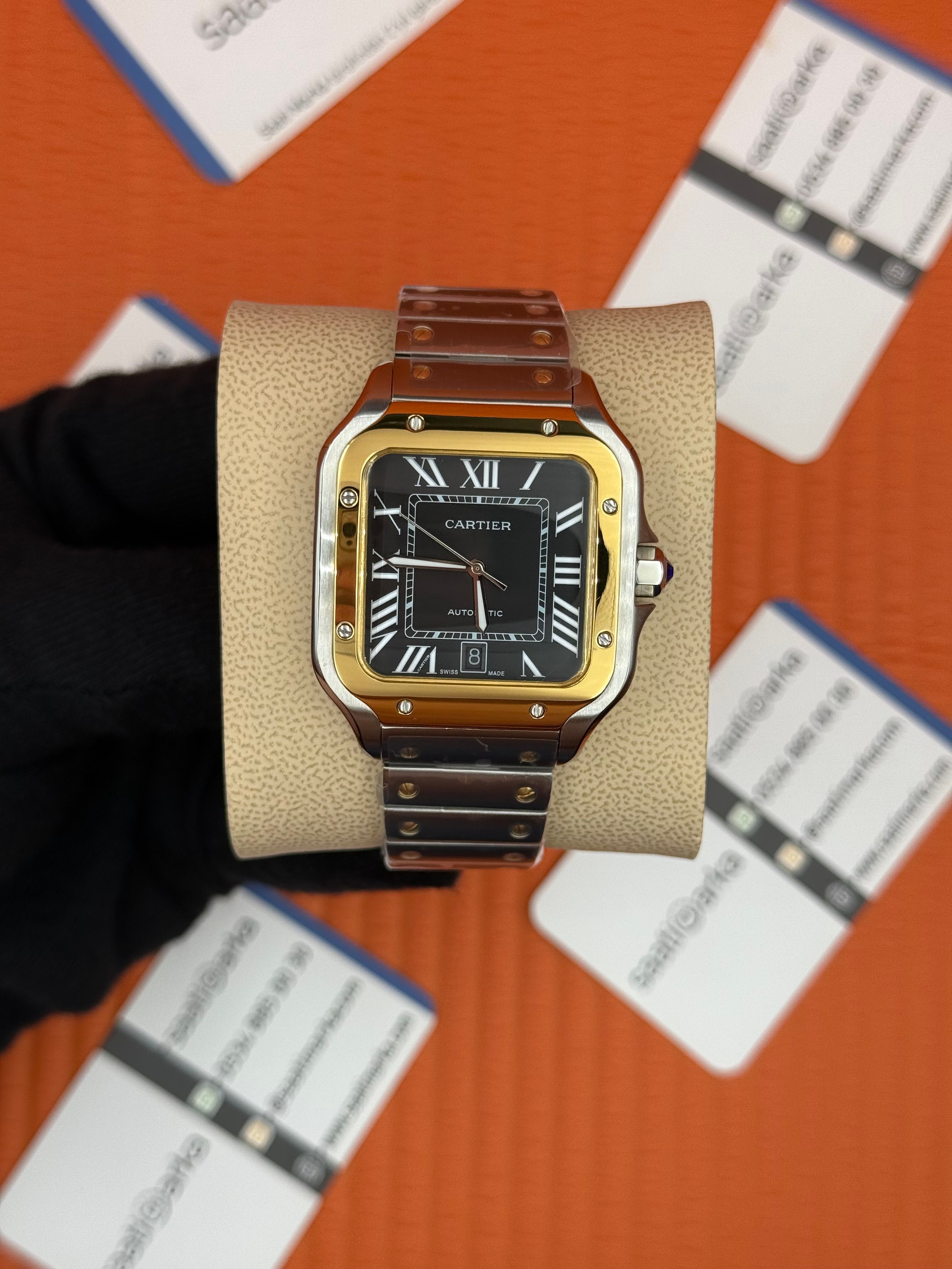 CARTIER SANTOS SİYAH KADRAN GOLD BEZEL GÜMÜŞ KASA 