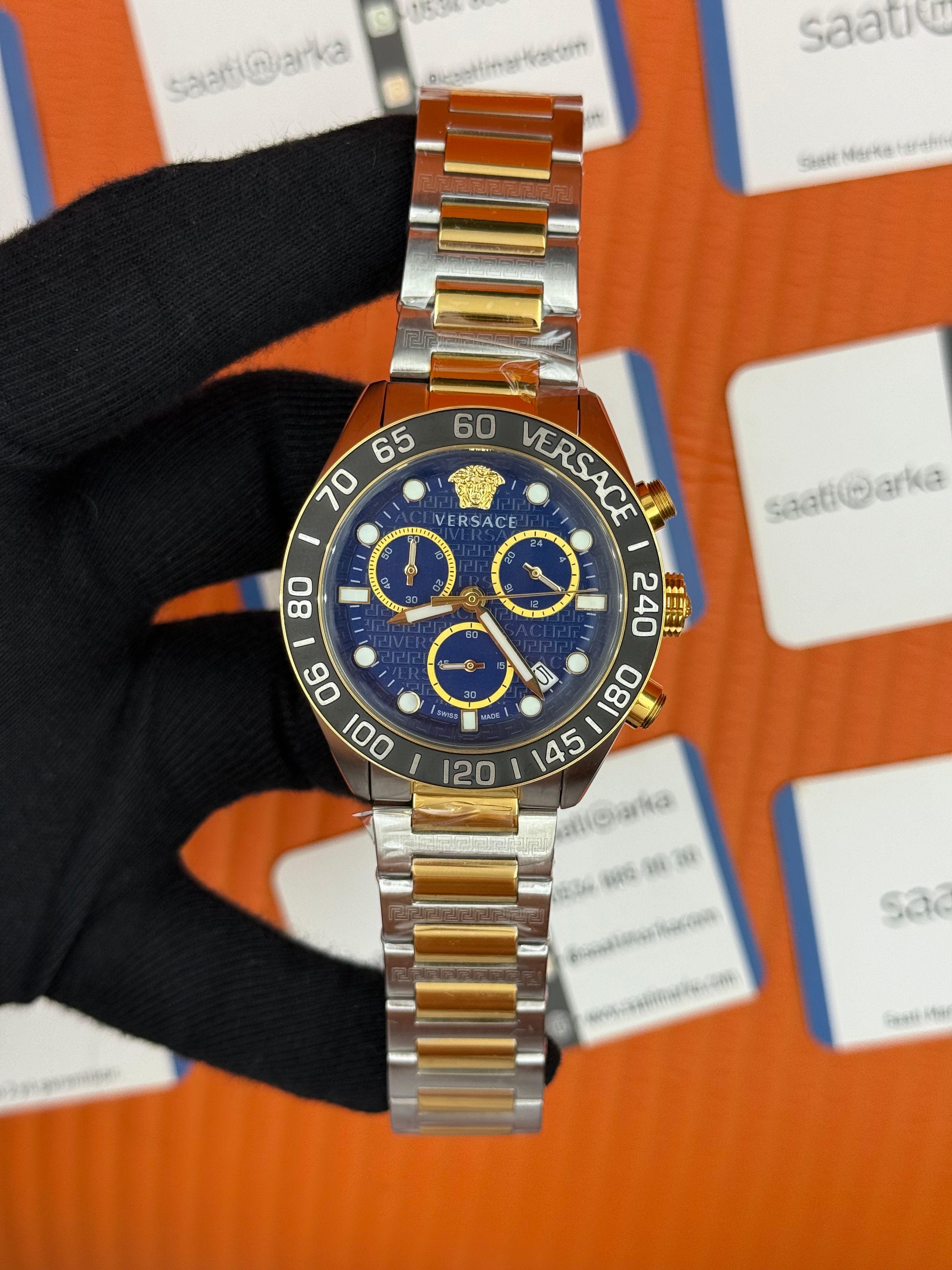 VERSACE mavi kadran gold silver kasa kordon siyah bezel erkek kol saati