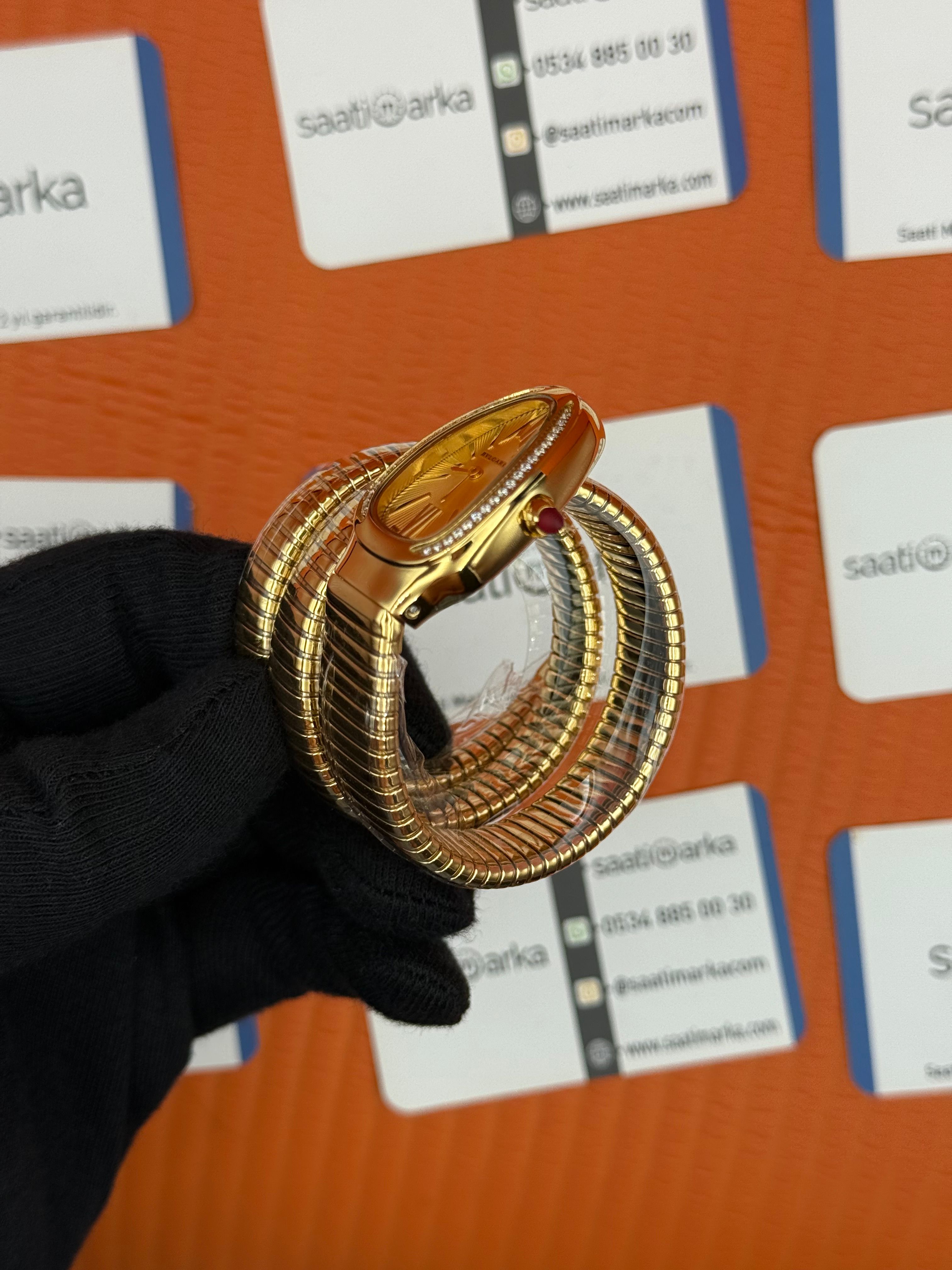 BVLGARİ serpenti çift sarma gold kordon taşlı bezel şampanya kadran kadın kol saati
