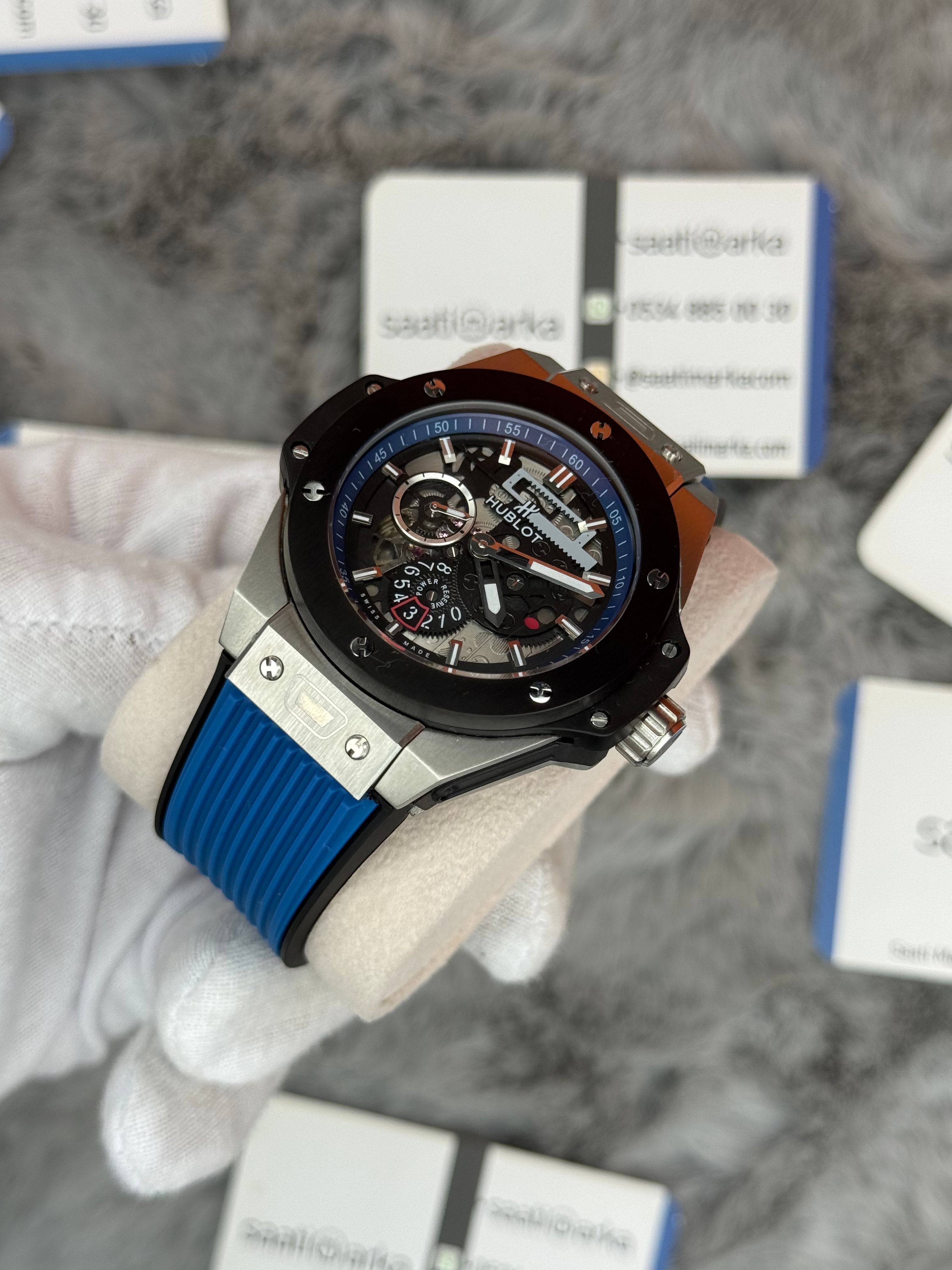 HUBLOT big bang tourbillon 42mm silver kasa mavi kauçuk ordon erkek kol saati
