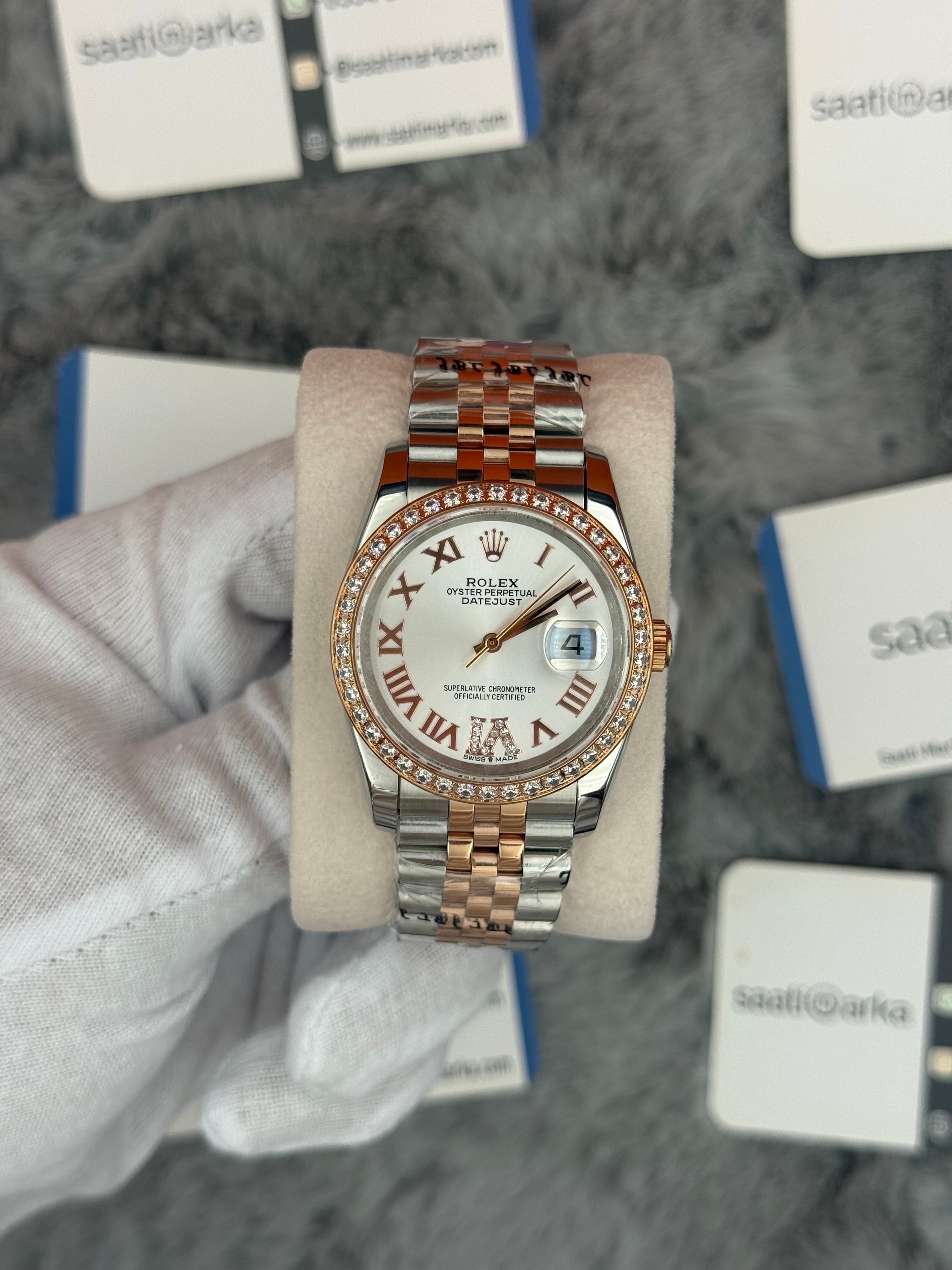 ROLEX Datejust 36mm beyaz kadran taşlı bezel silver kasa rose silver jubilee kordon