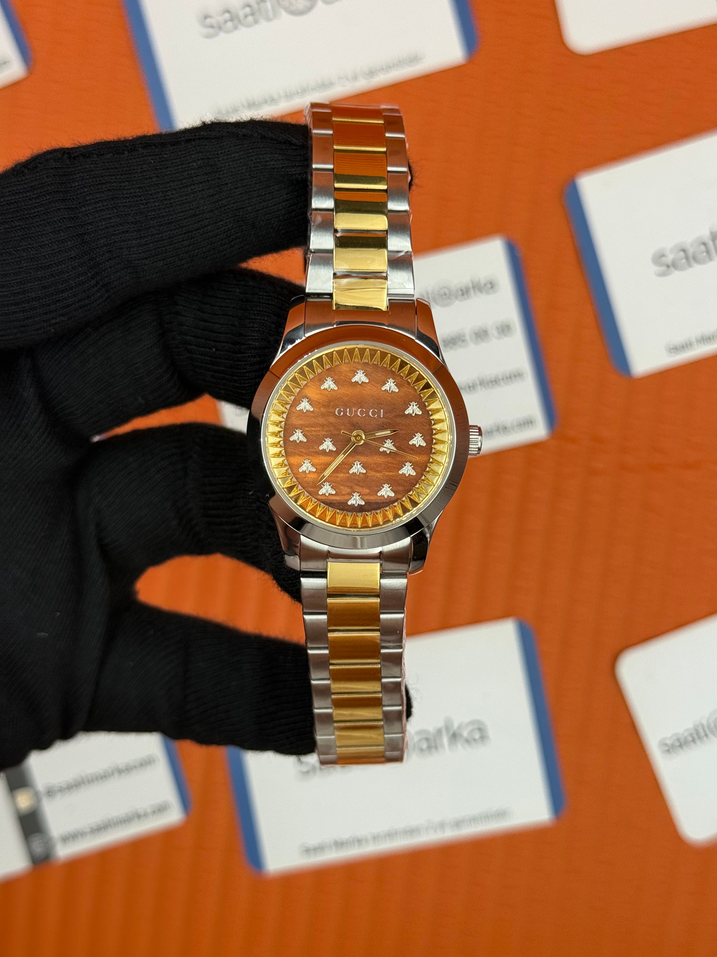 GUCCI kahverengi kadran gold silver kasa-kordon kadın kol saati