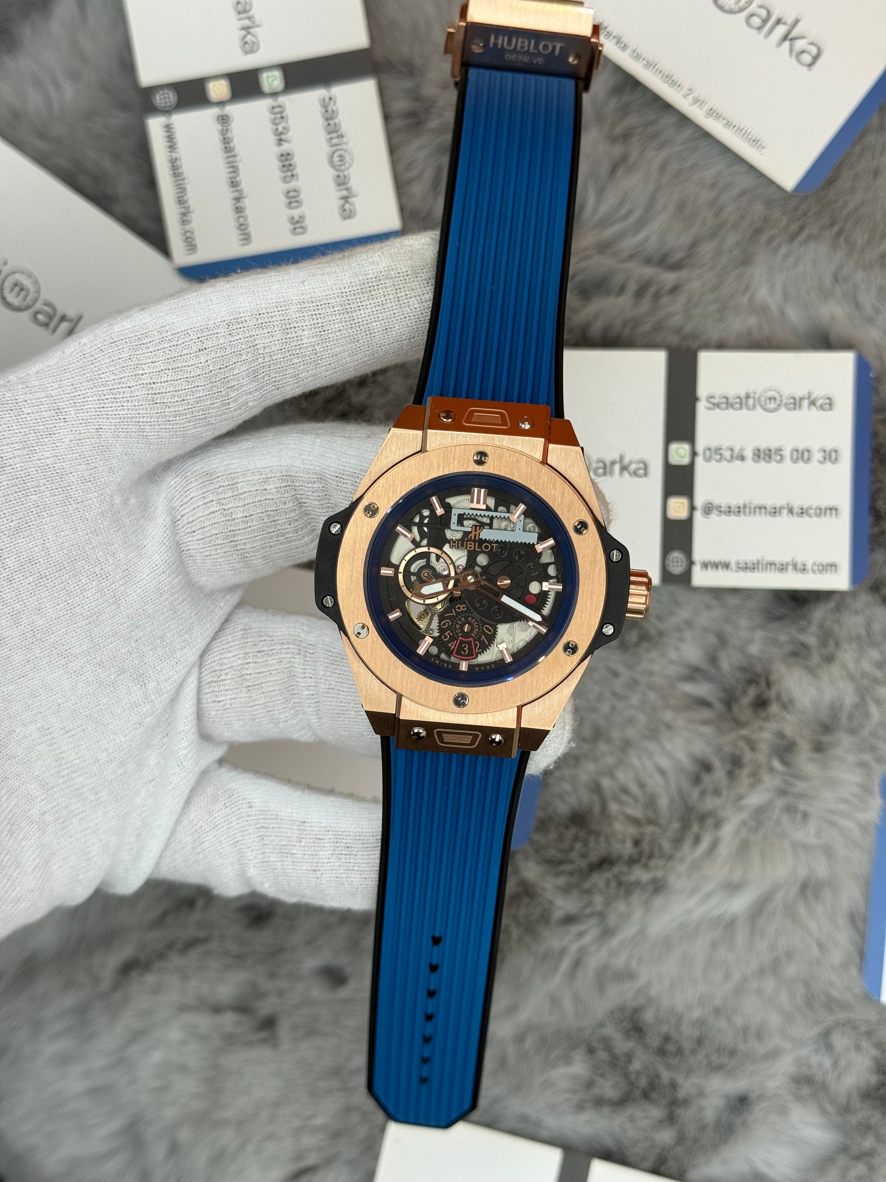 HUBLOT big bang tourbillon 42mm rose kasa mavi kauçuk kordon erkek kol saati