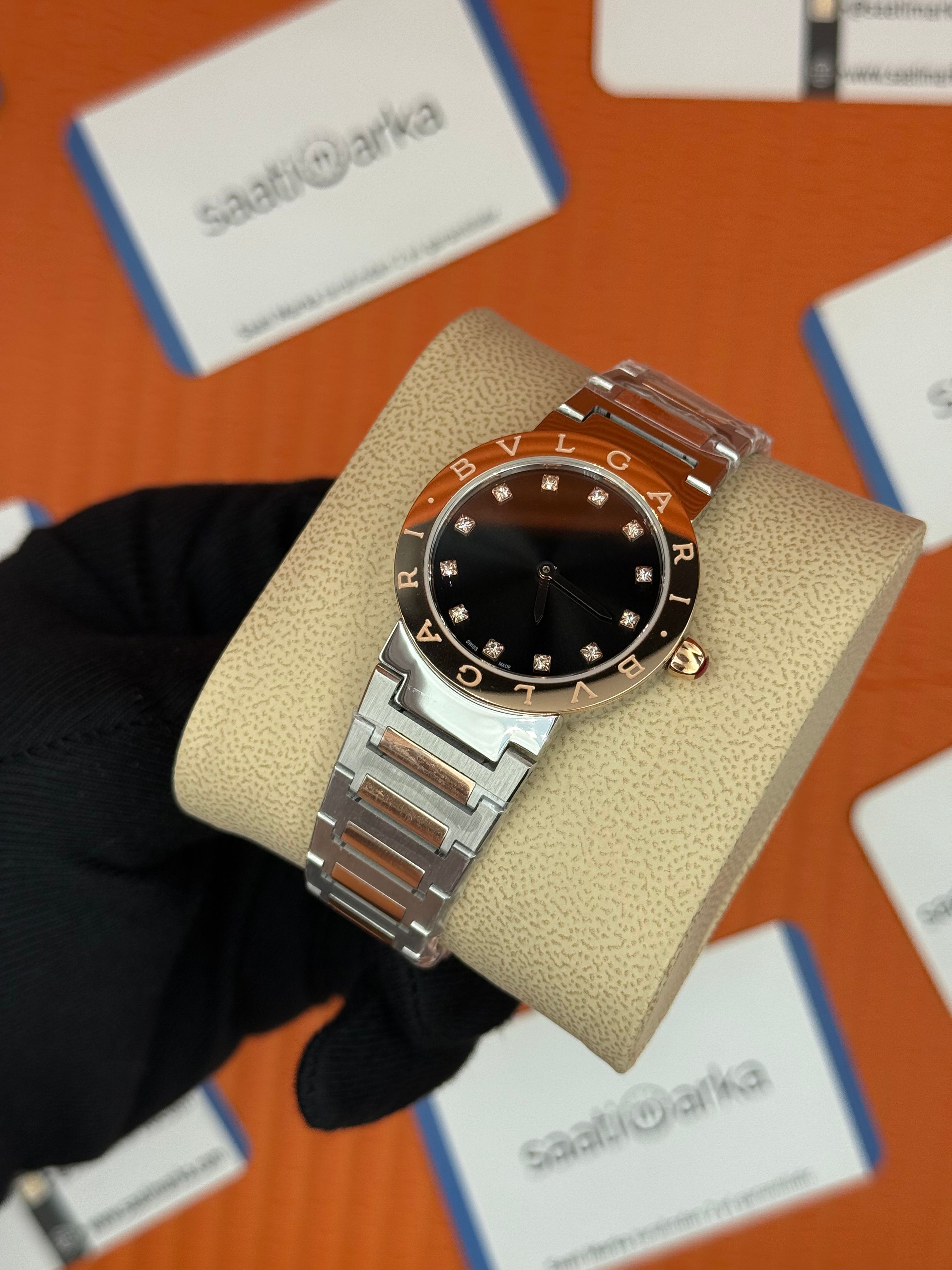BVLGARI siyah kadran rose bezel silver kasa kordon kadın kol saati