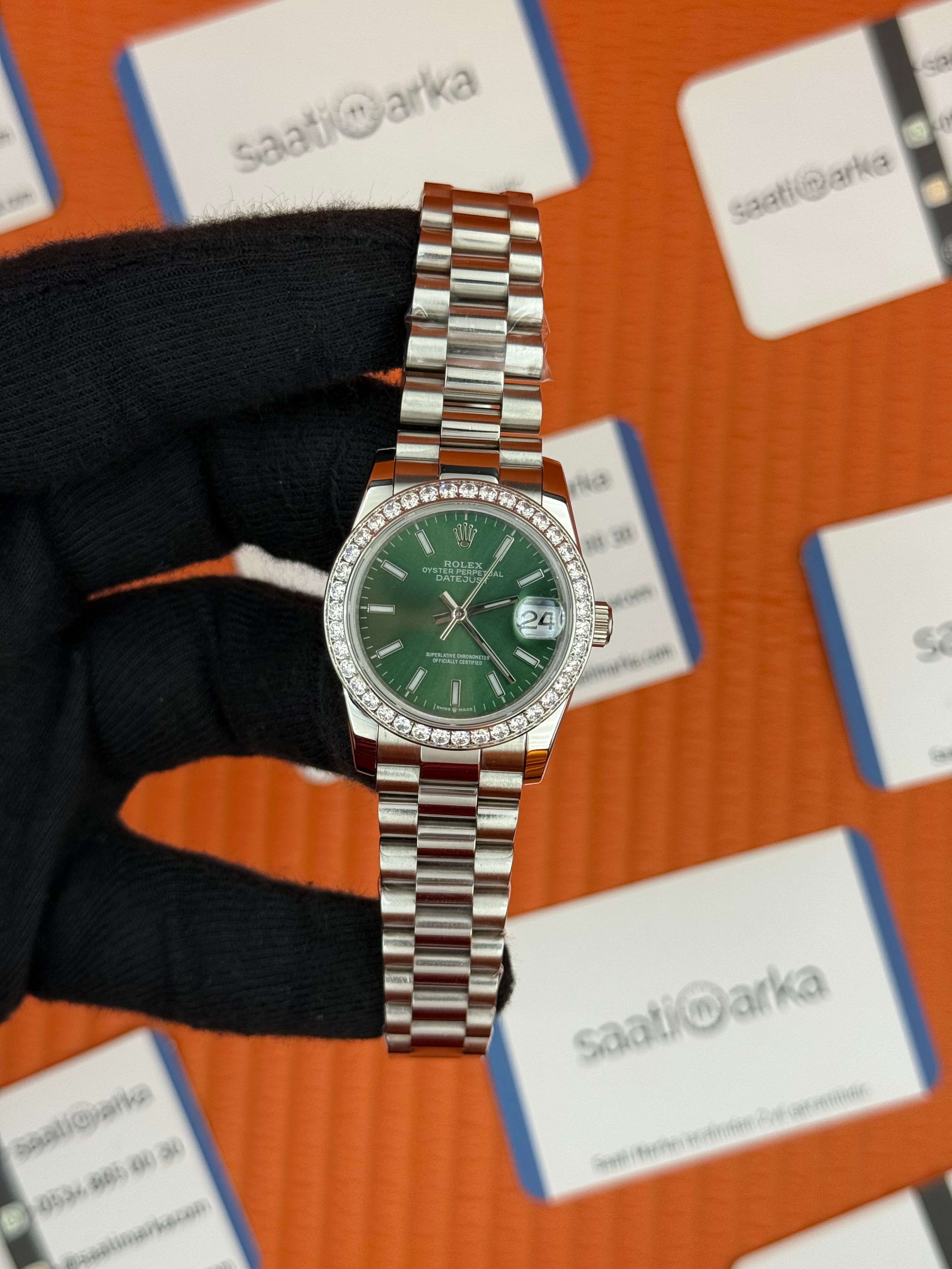ROLEX datejust 31mm yeşil kadran silver president kordon taşlı bezel 
