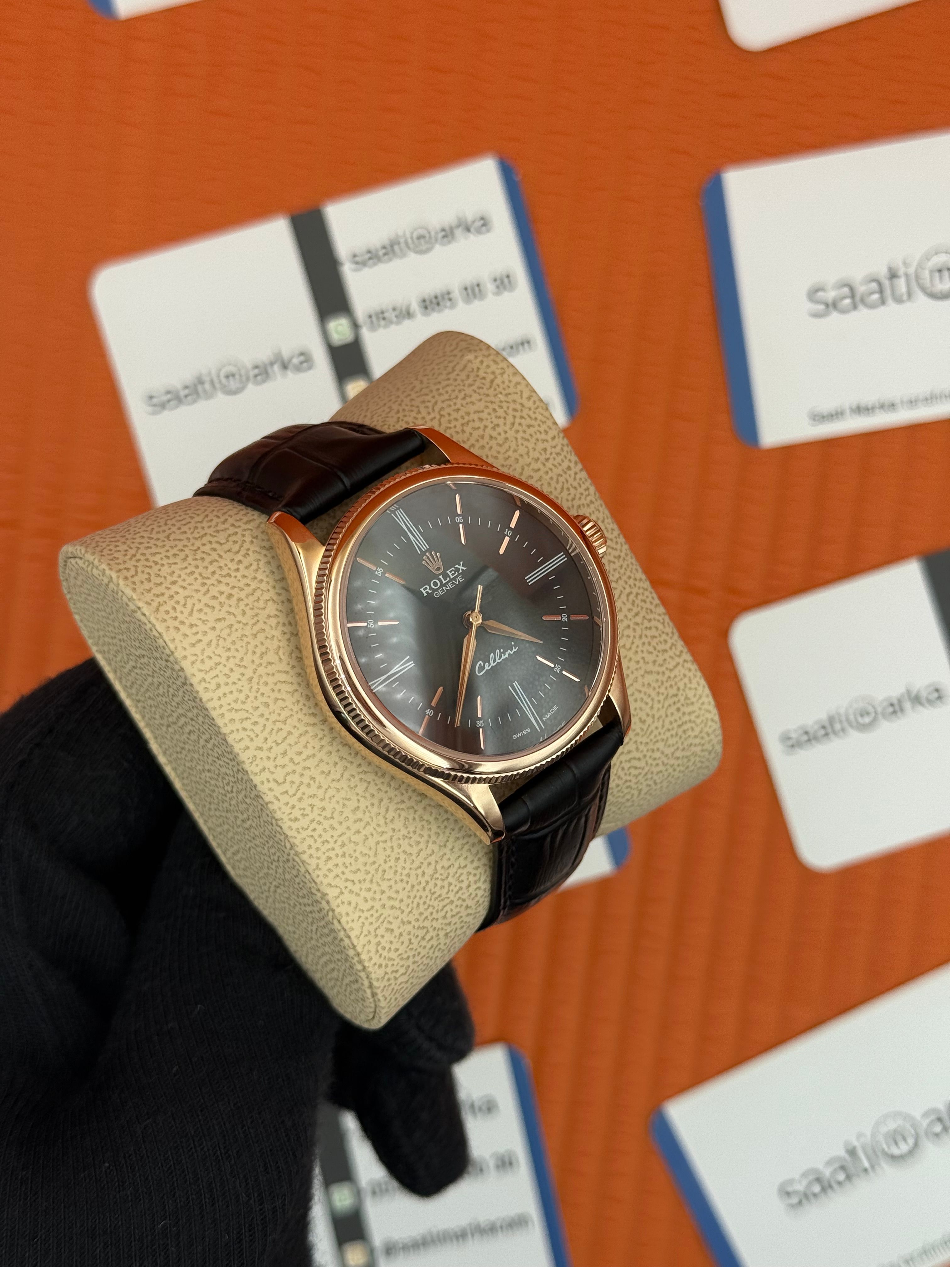 ROLEX Cellini rose kasa siyah kadran siyah deri kordon