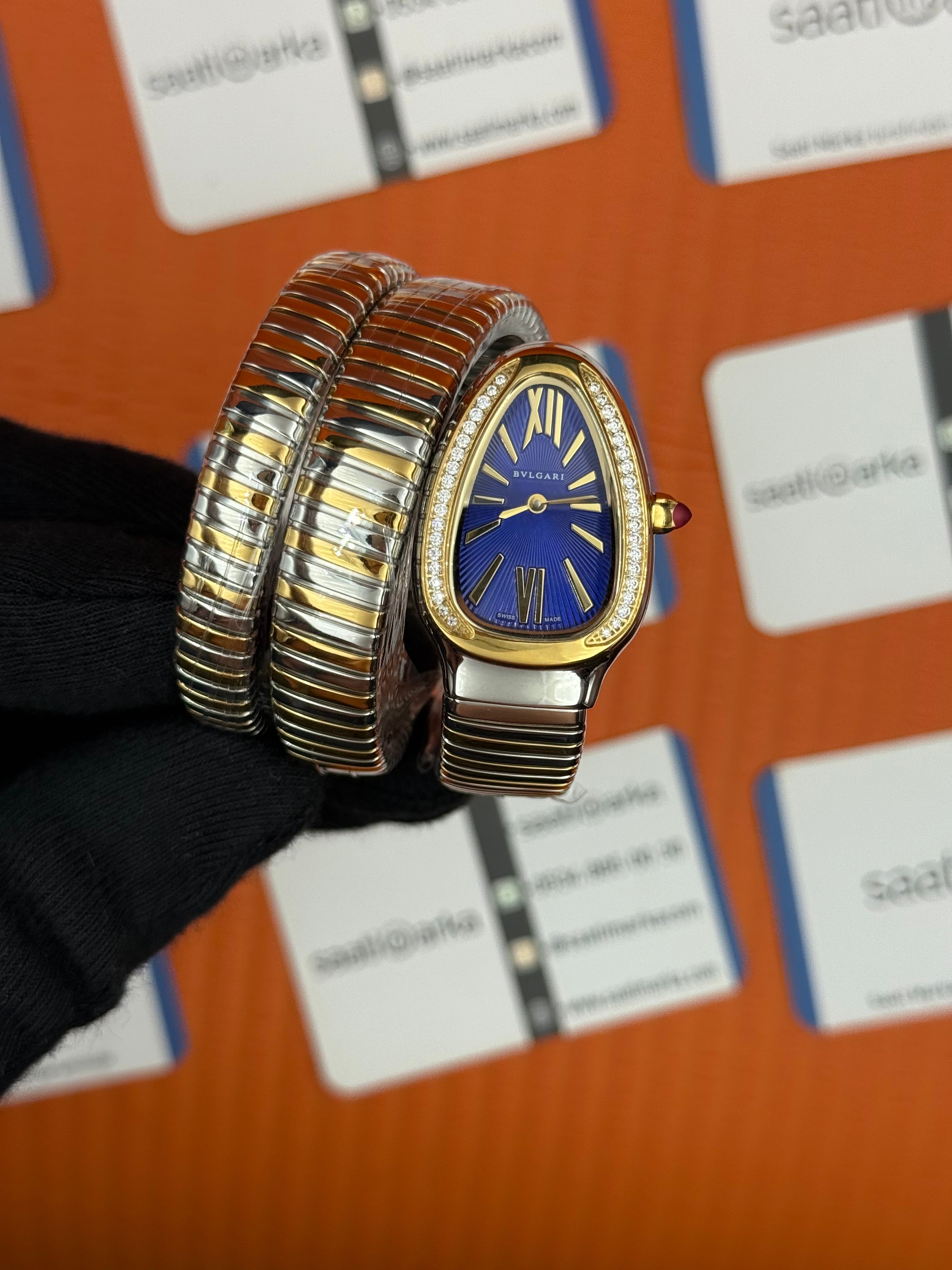 BVLGARİ serpenti çift sarma gold silver kordon taşlı bezel mavi kadran kadın kol saati