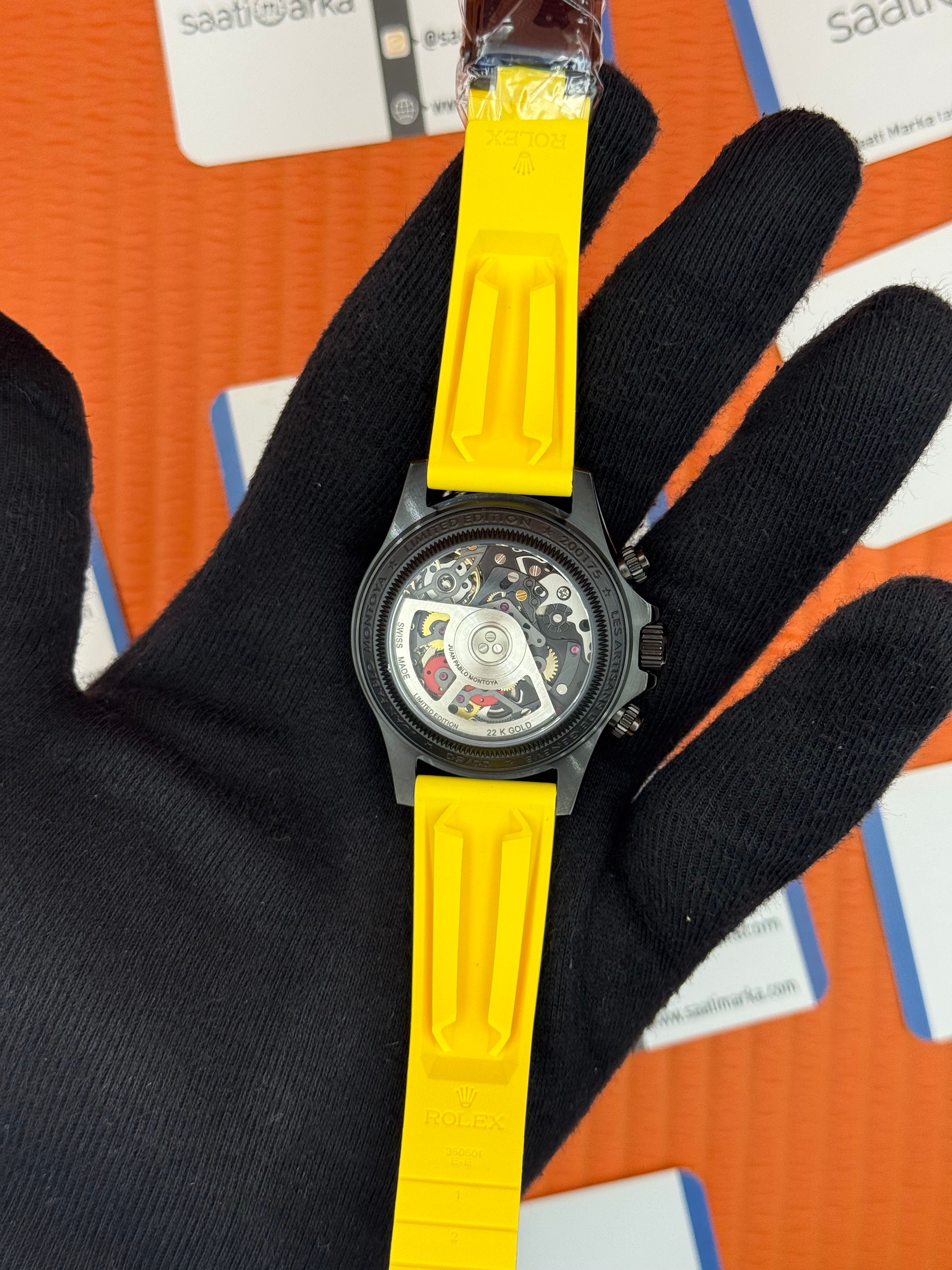 ROLEX Daytona juan pablo montoya sarı kauçuk kordon siyah kasa