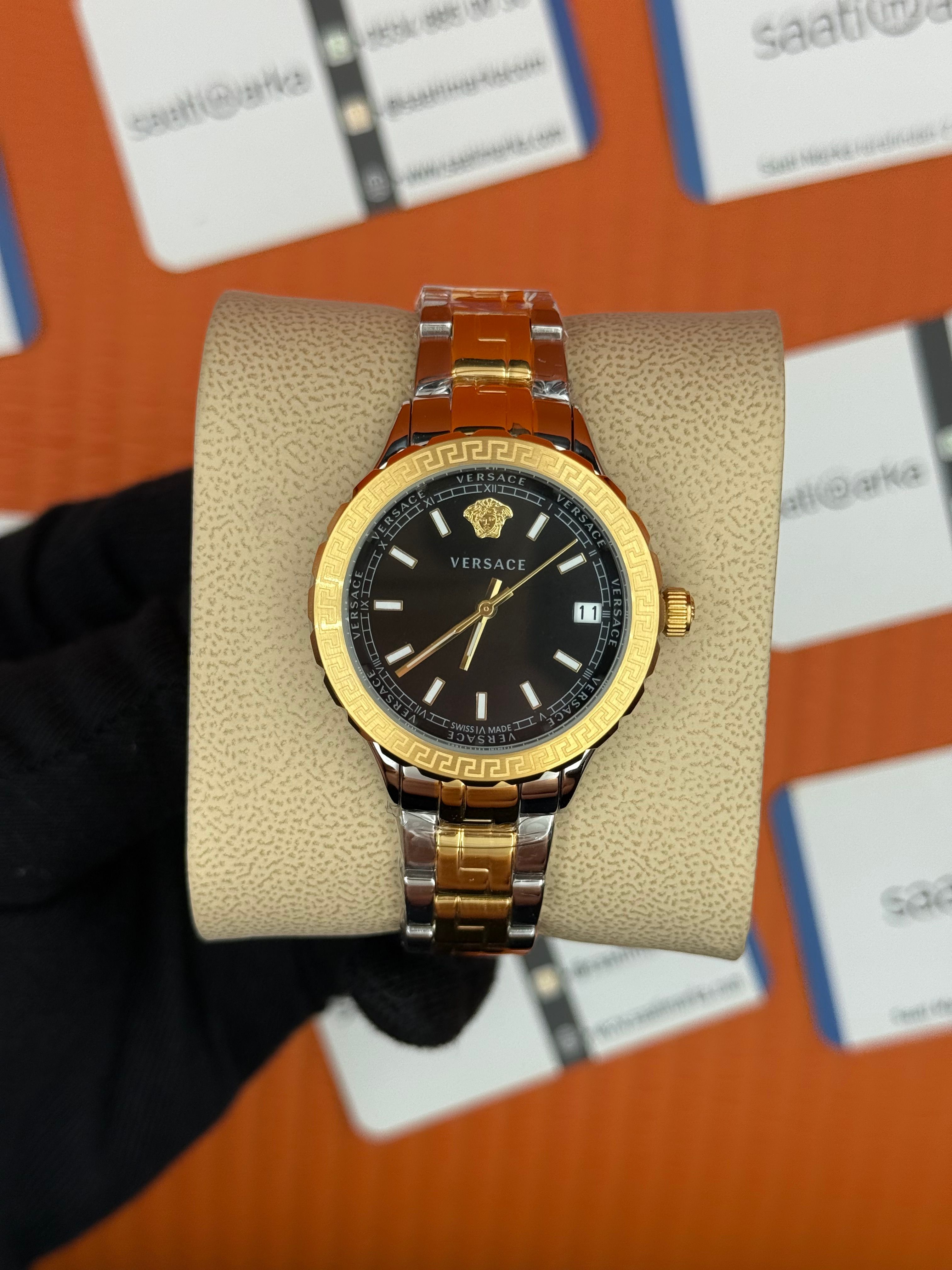 VERSACE siyah kadran gold silver kasa kordon kadın kol saati