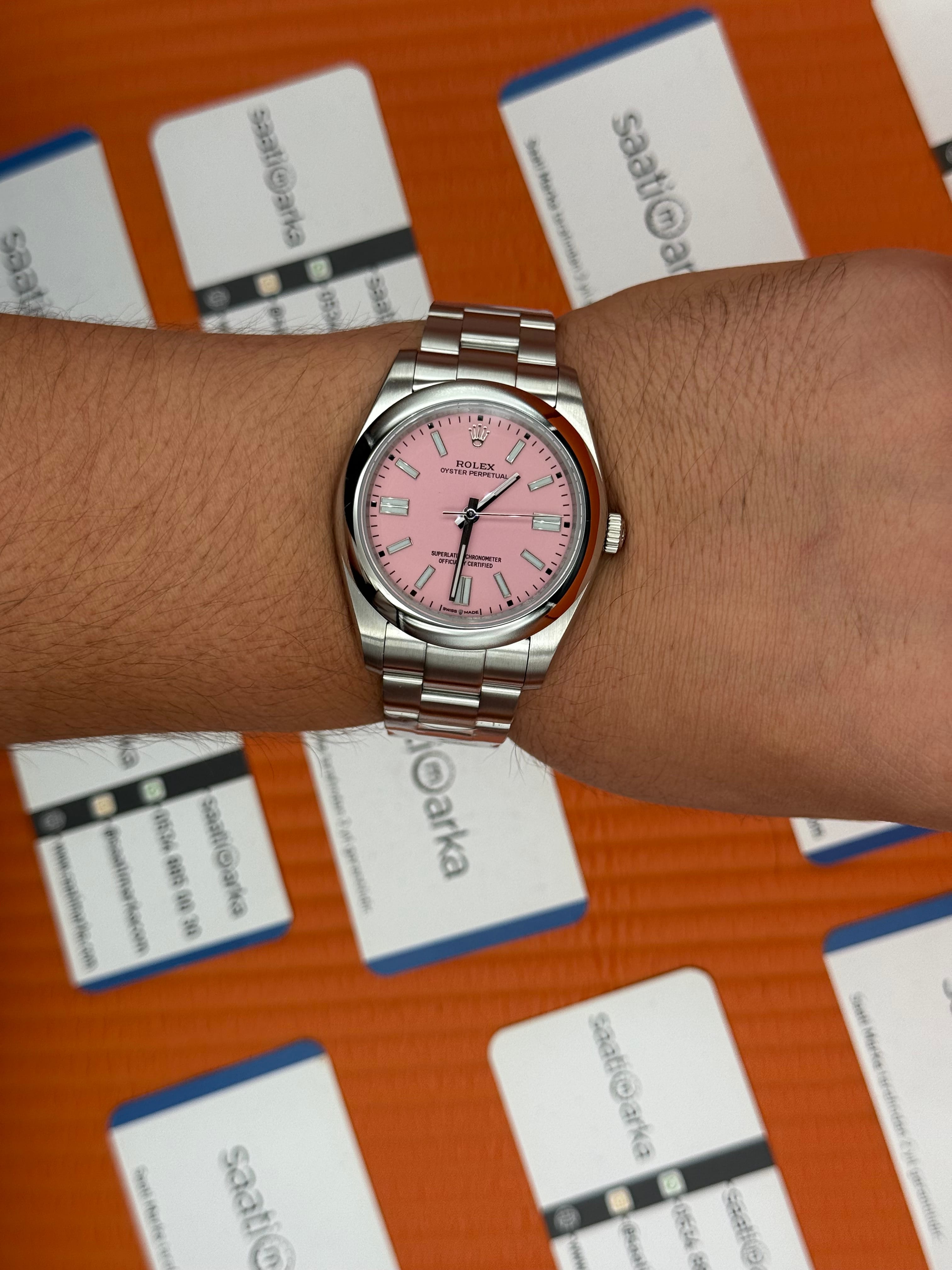 ROLEX oyster perpetual pembe kadran silver kasa kordon erkek kol saati