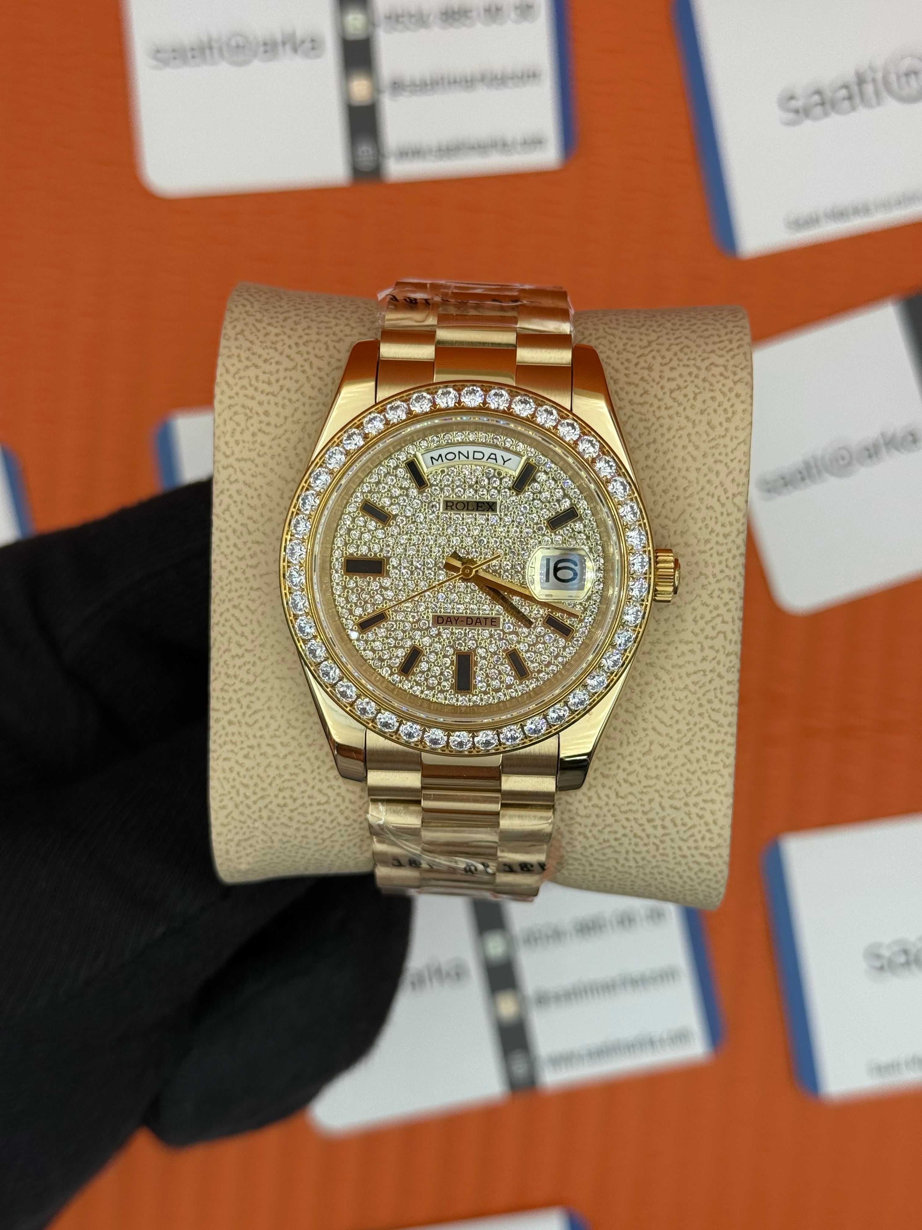 ROLEX Day Date taşlı kadran-bezel gold president kordon