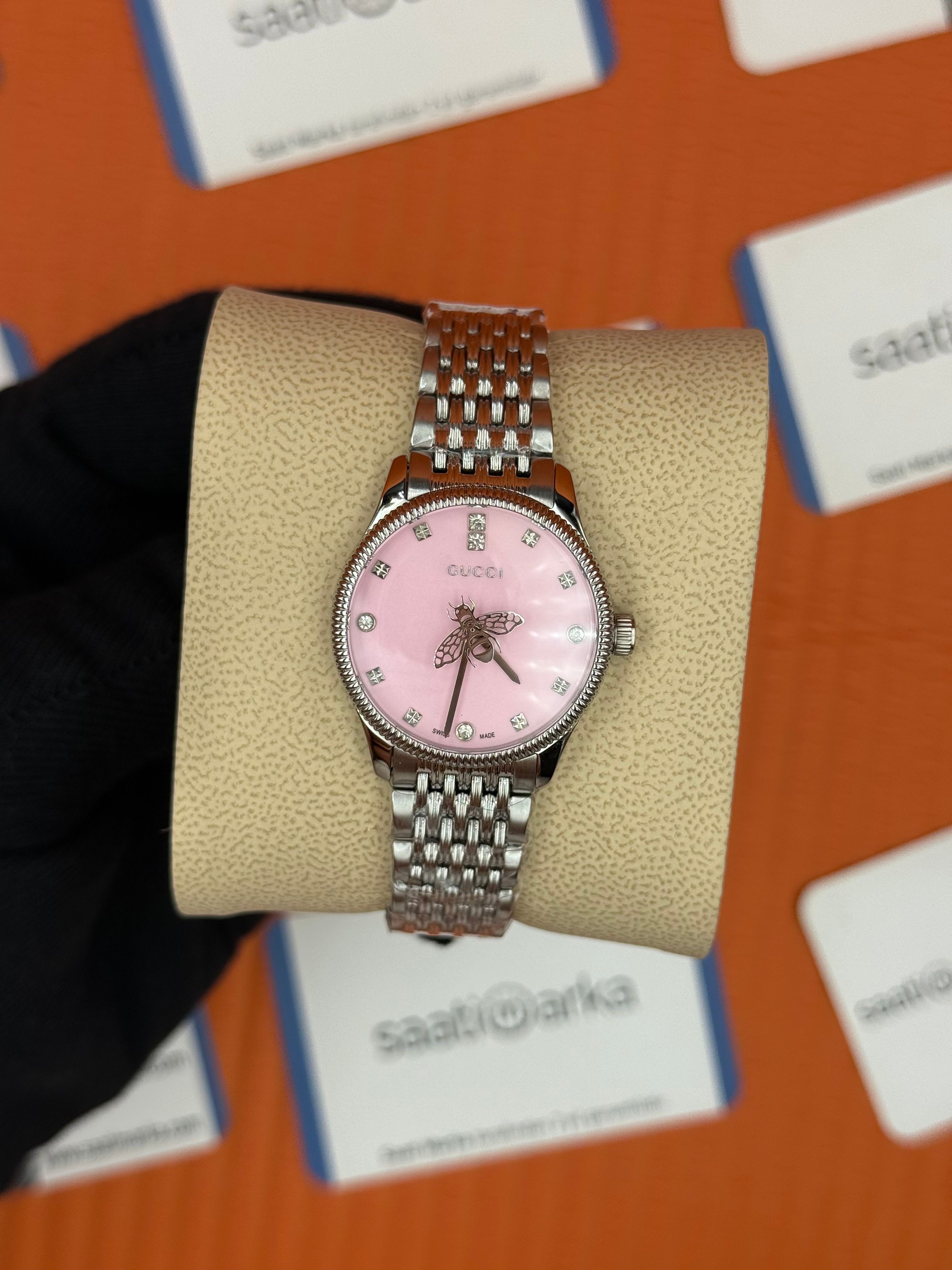 GUCCI pembe kadran silver kasa kordon kadın kol saati