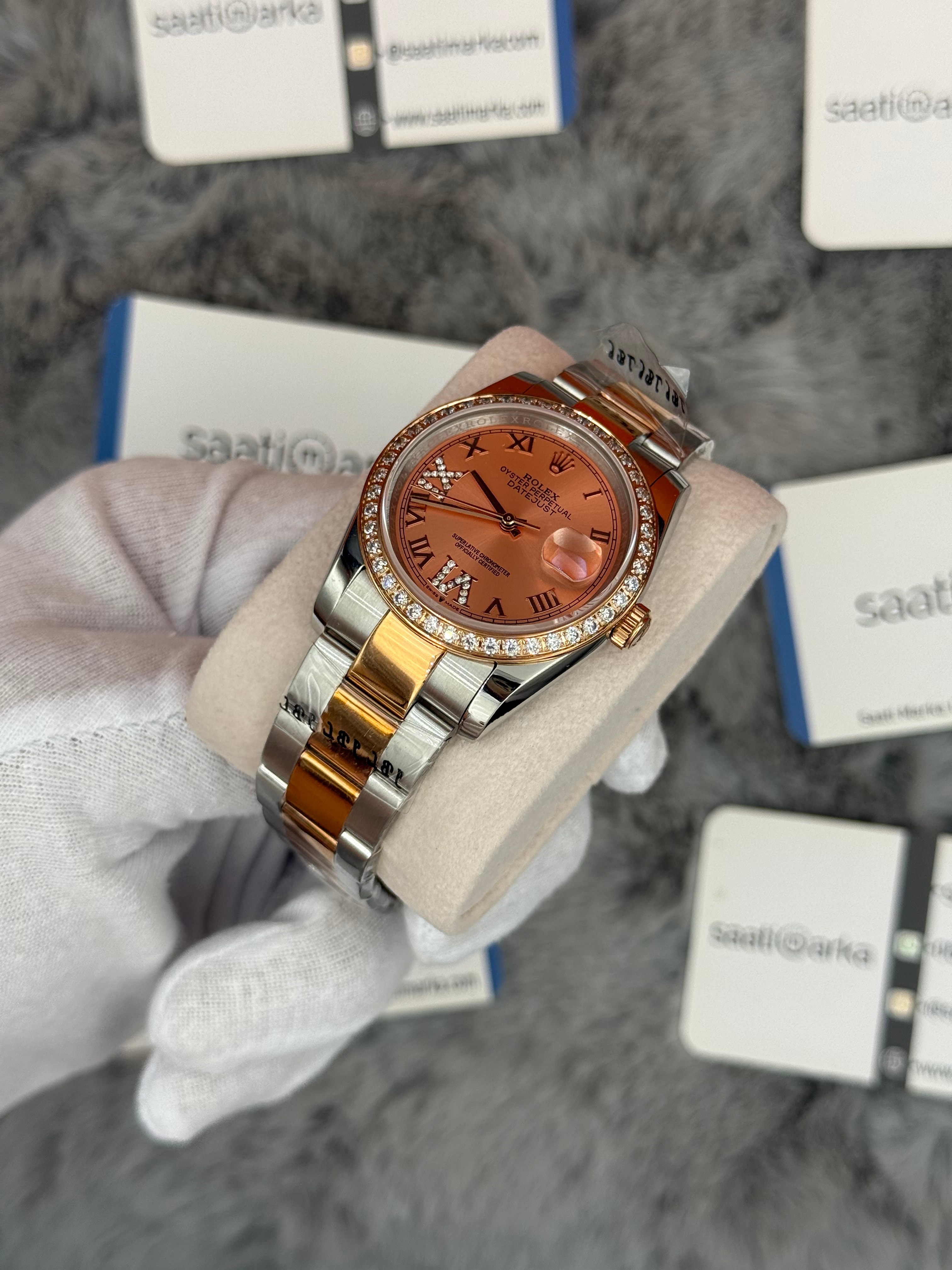ROLEX Datejust 36mm rose kadran taşlı bezel silver kasa rose silver oyster kordon