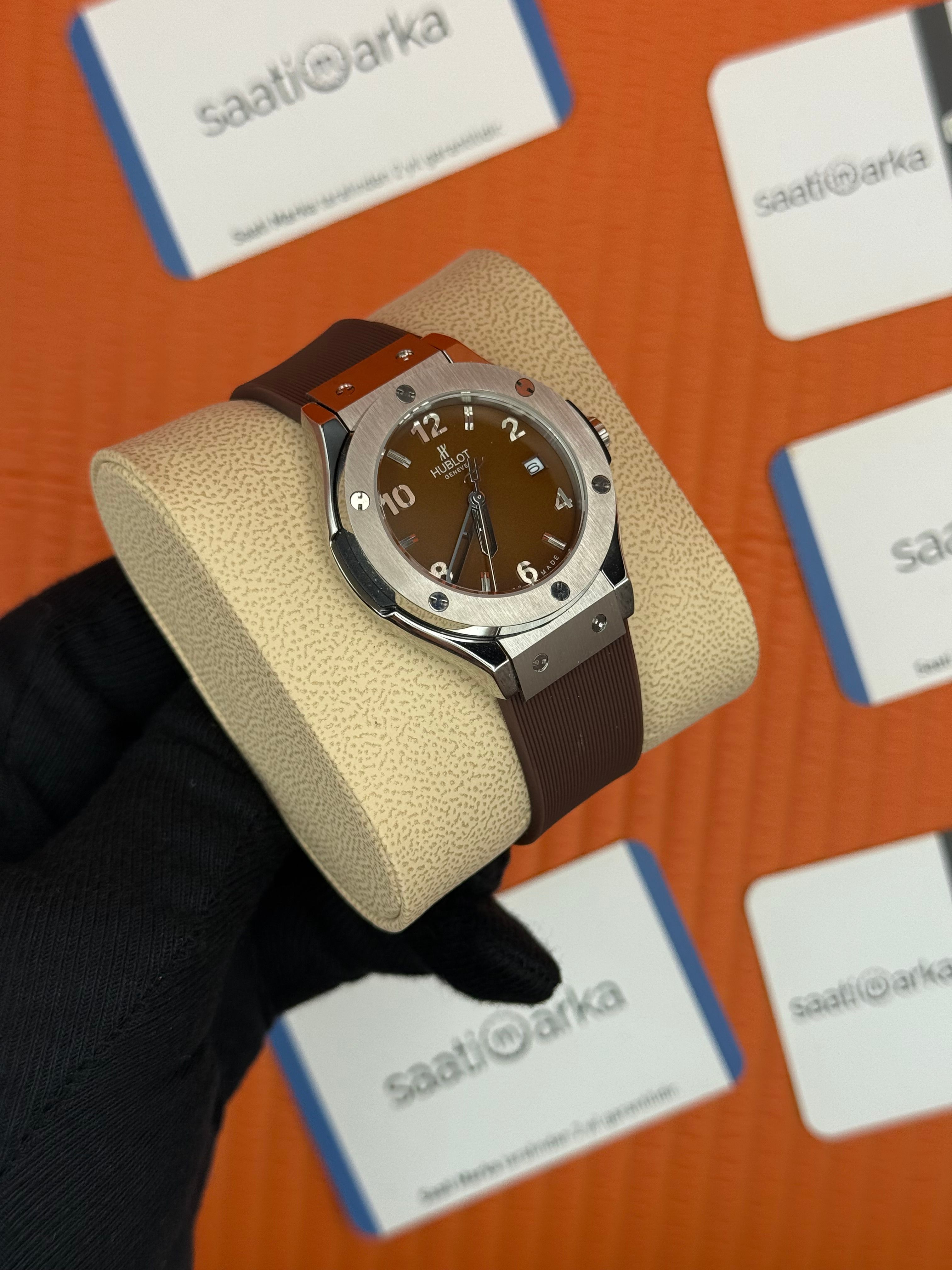 HUBLOT kahverengi kadran kahverengi kauçuk kordon silver kasa kadın kol saati