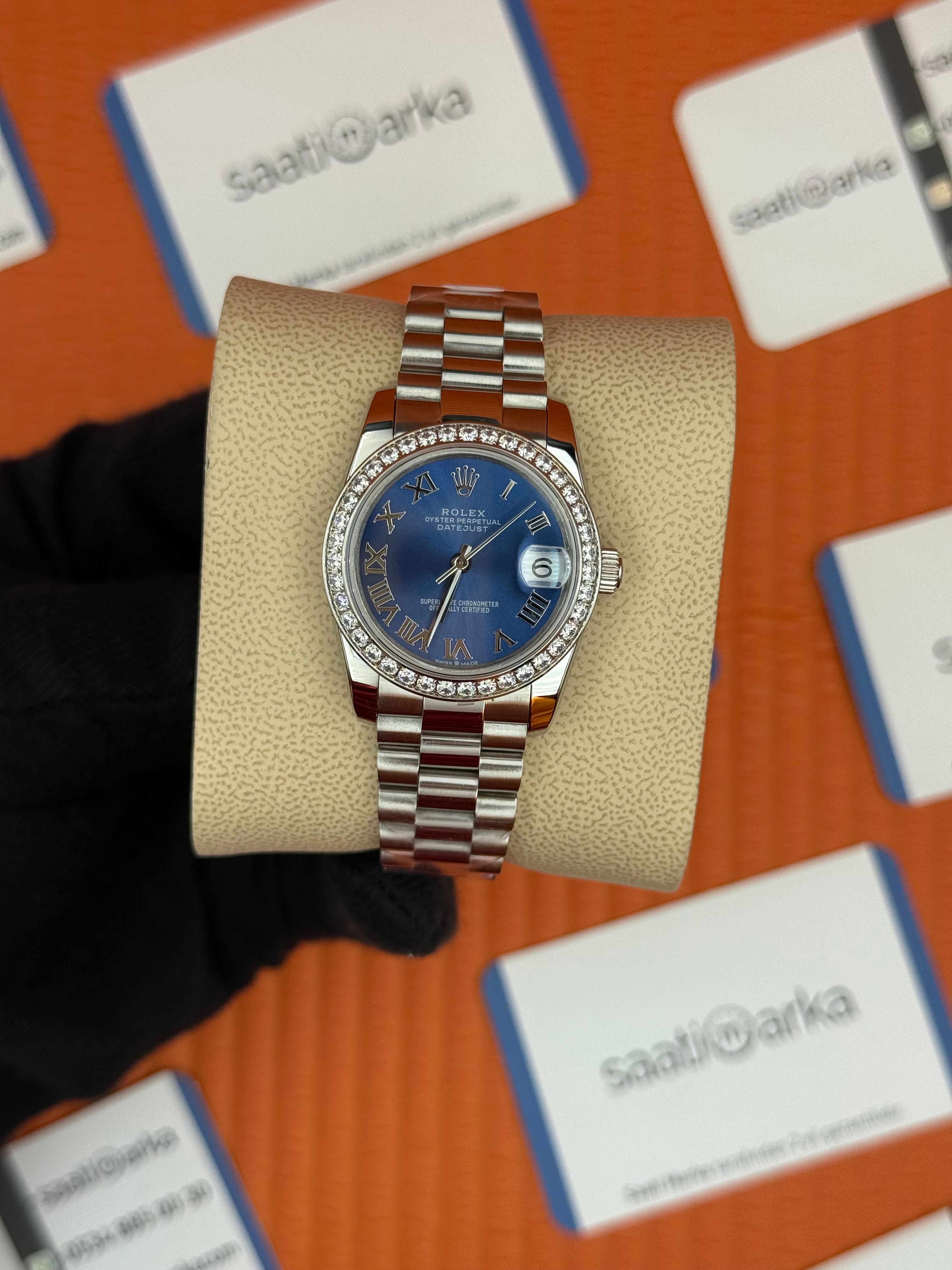 ROLEX datejust 31mm mavi roma rakamlı kadran president kordon taşlı bezel 