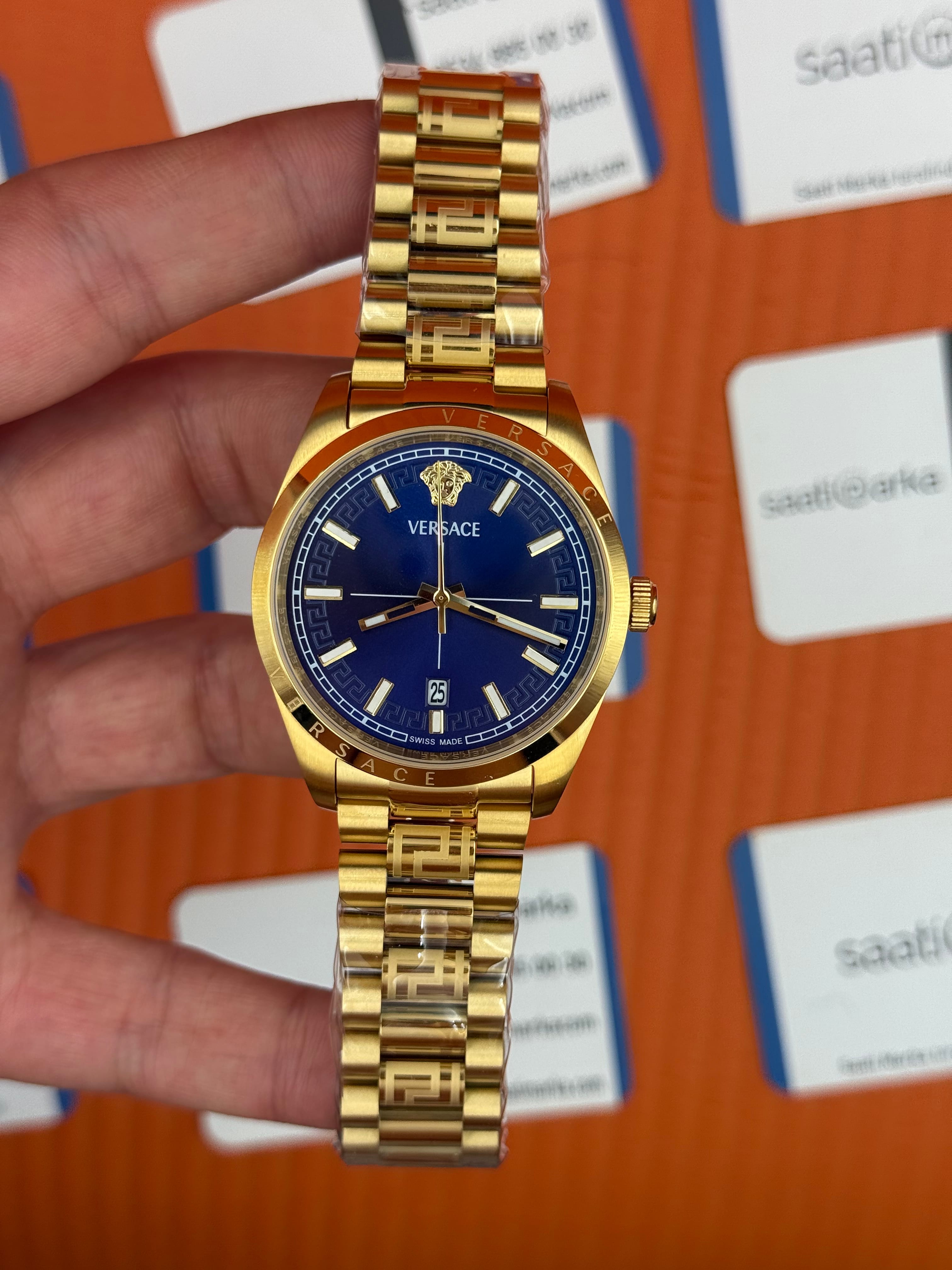 VERSACE 40mm lacivert kadran gold kasa kordon erkek kol saati