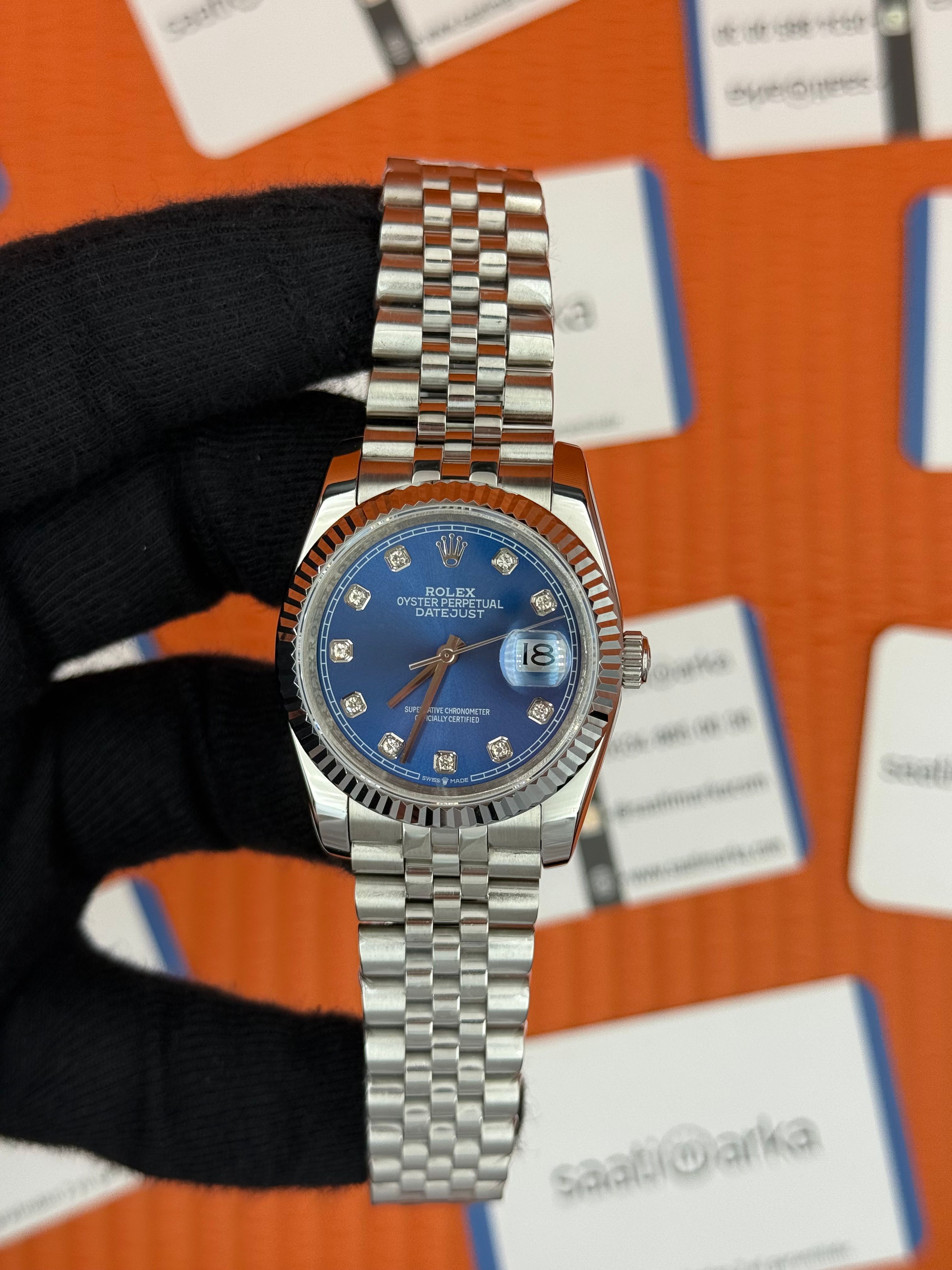 ROLEX datejust 36mm mavi baget taşlı kadran jubilee kordon