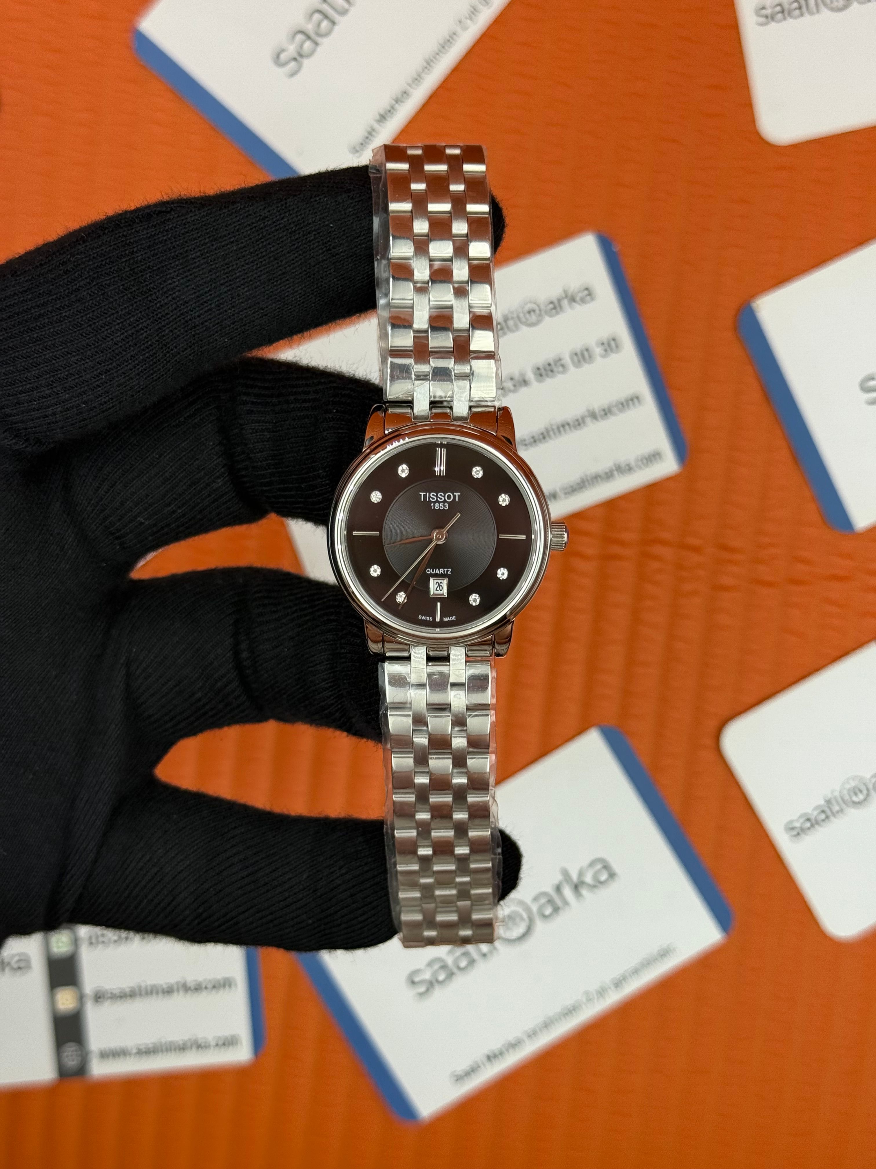 TISSOT siyah baget taşlı kadran silver kasa kordon kadın kol saati