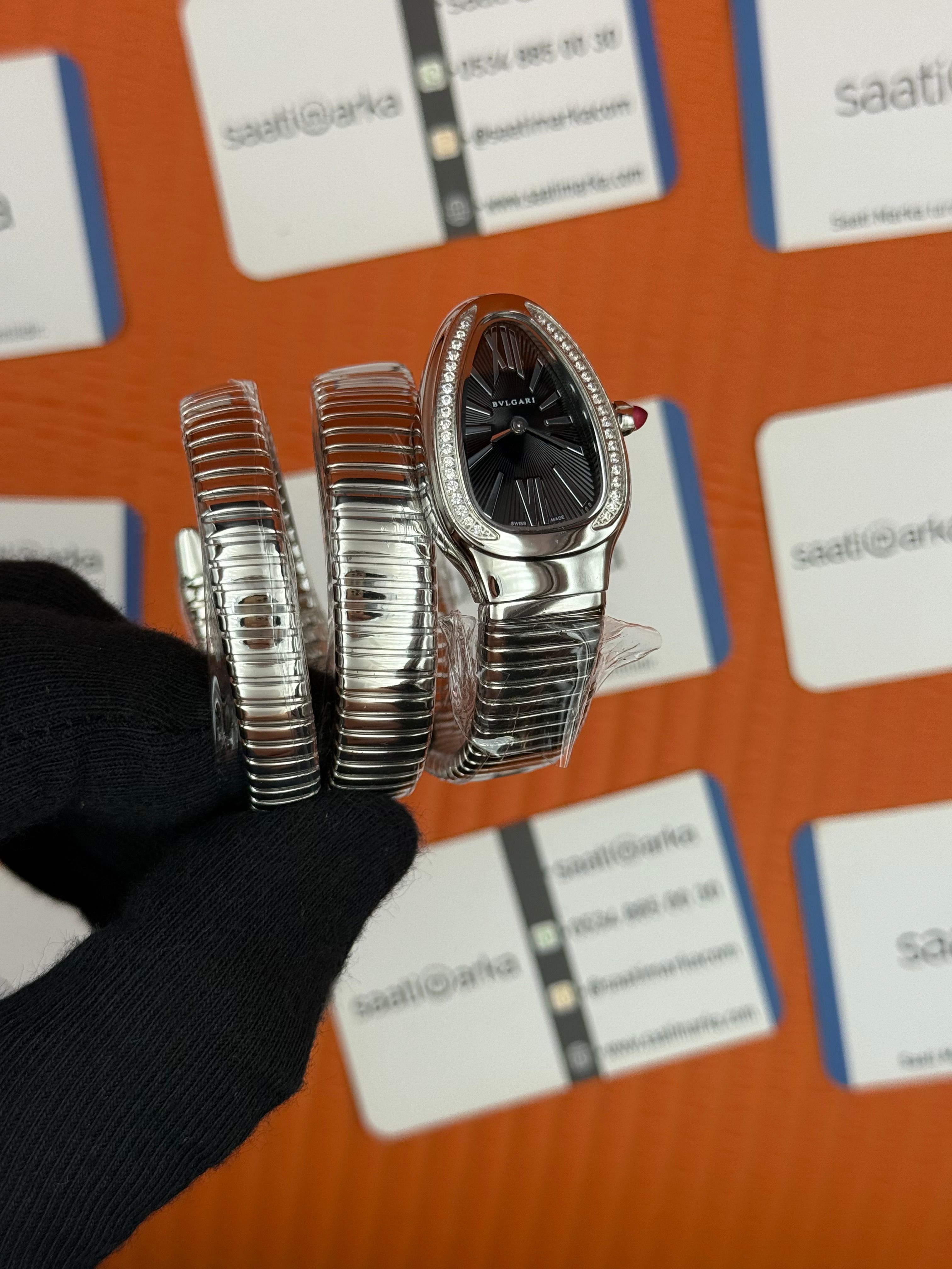 BVLGARİ serpenti çift sarma silver kordon taşlı bezel siyah kadran kadın kol saati