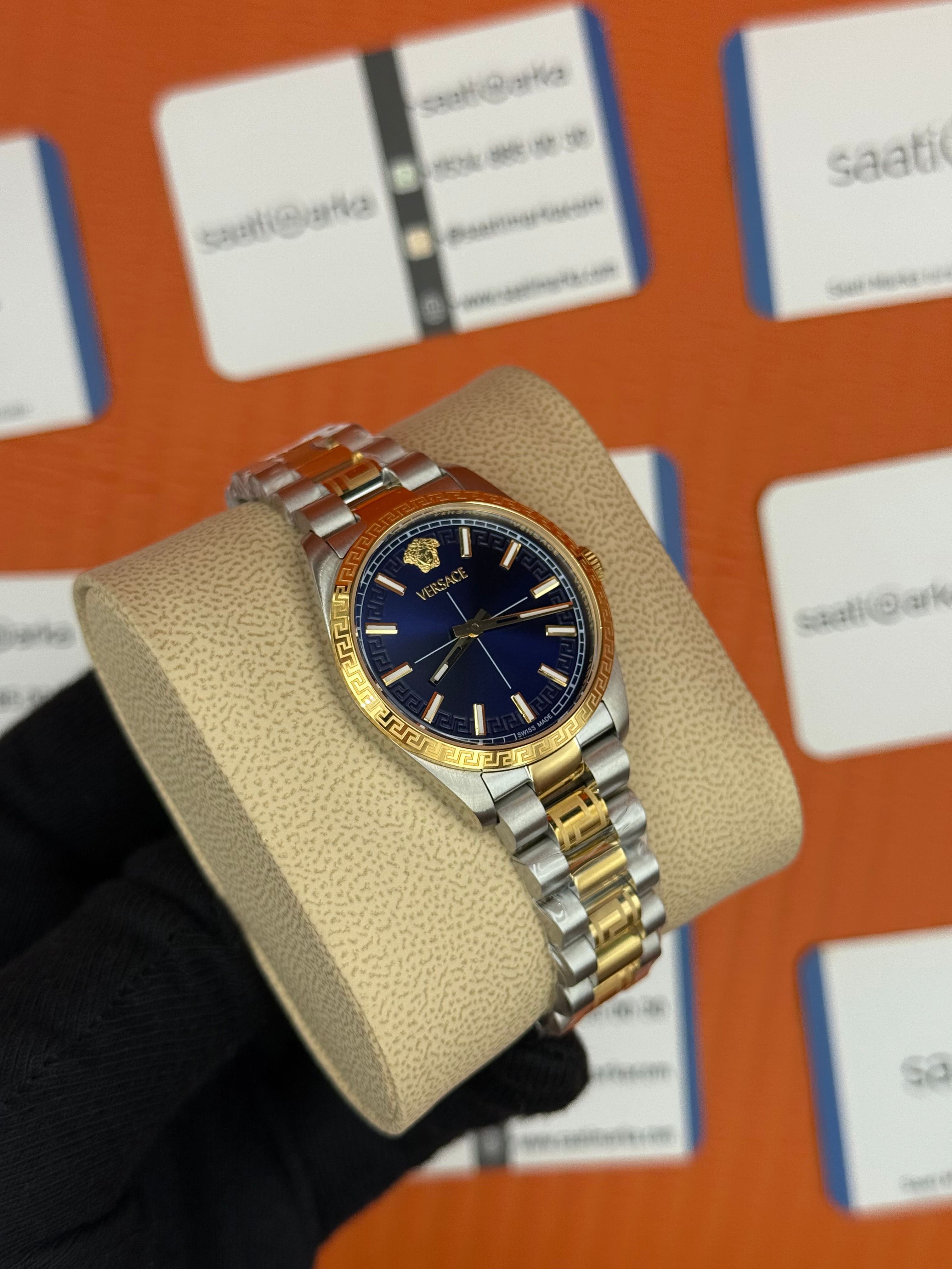 VERSACE mavi kadran gold silver kasa kordon kadın kol saati