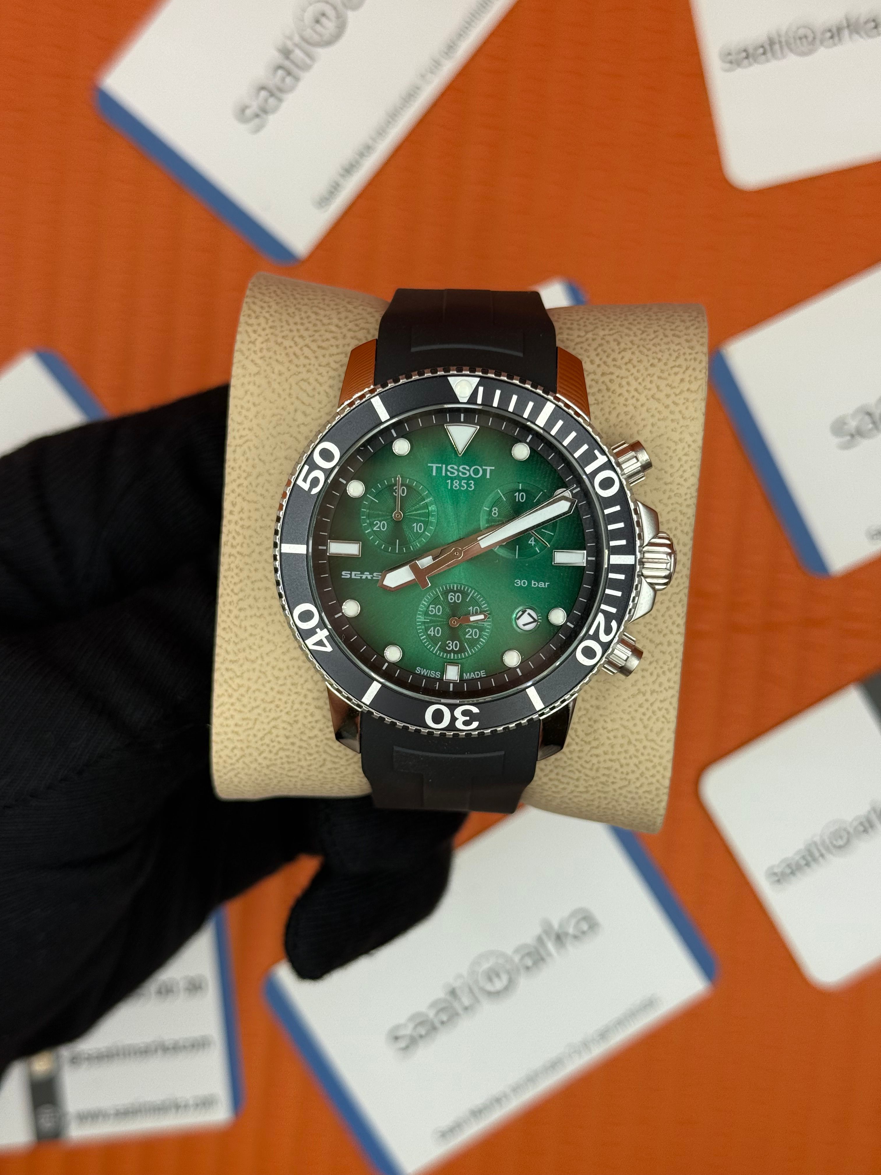 TISSOT siyah kauçuk kordon yeşil kadran silver kasa erkek kol saati 