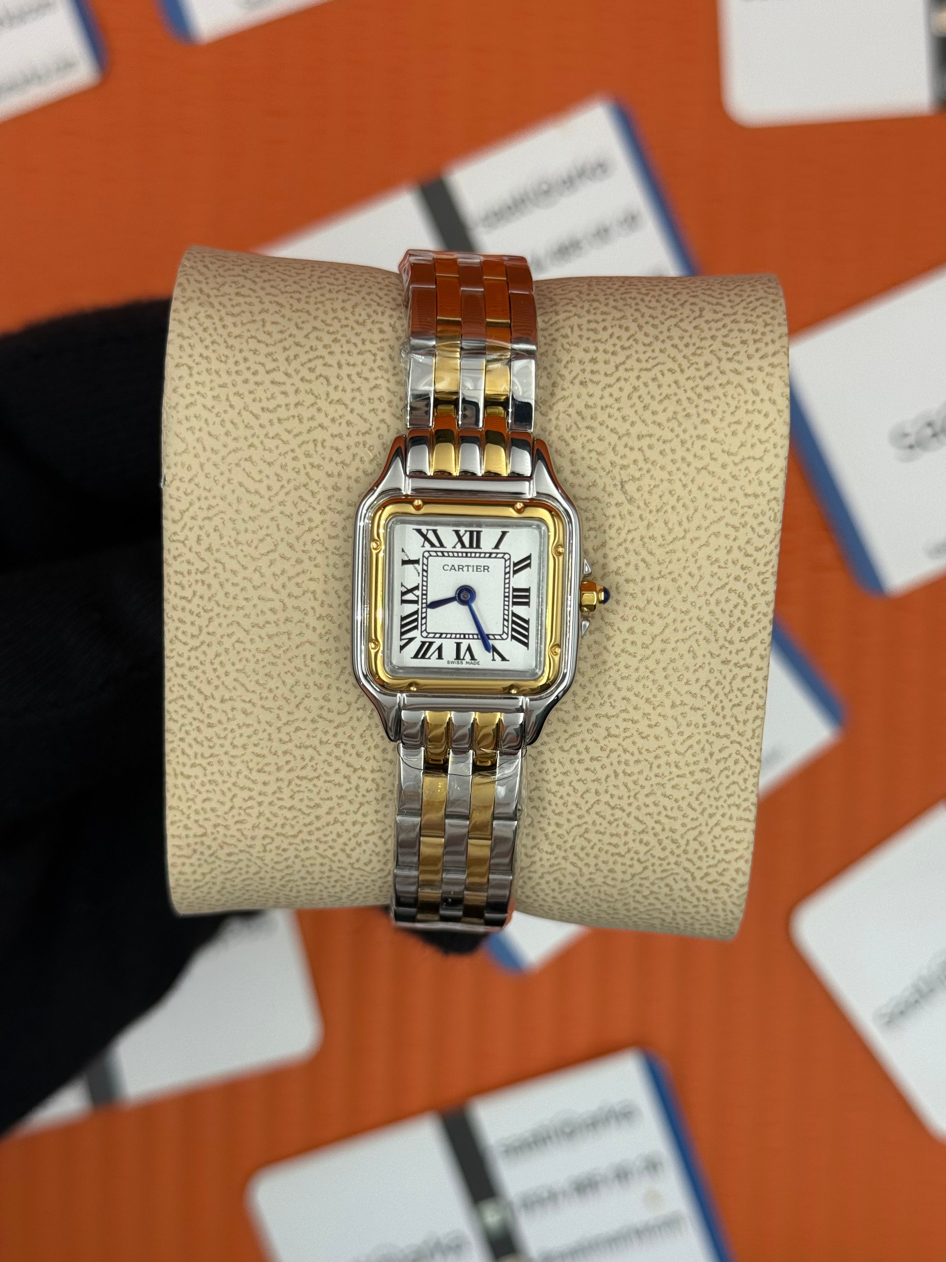 CARTIER Panthere 22mm kasa beyaz kadran gold silver kasa-kordon leacivert akrep-yelkovan 