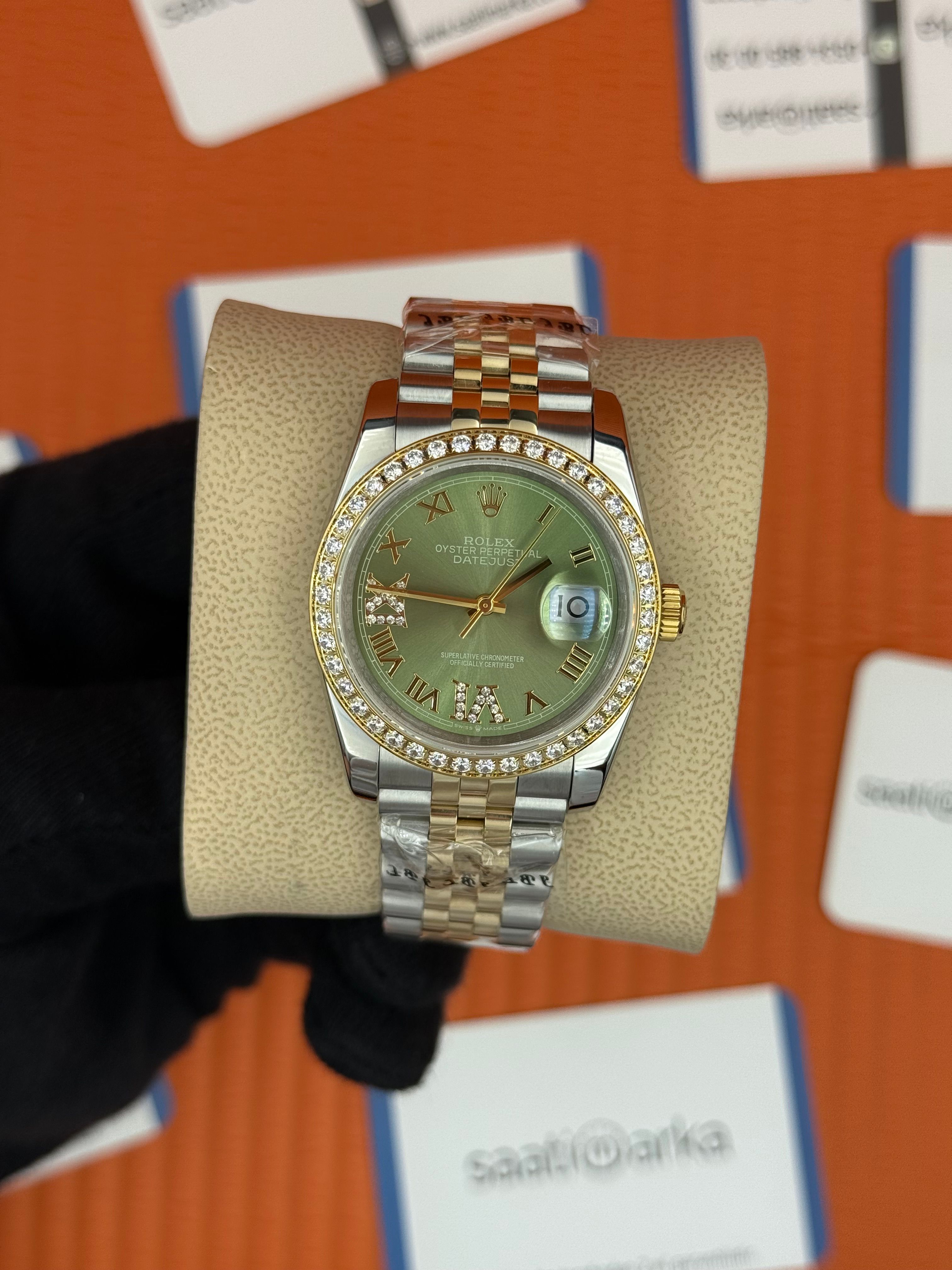 ROLEX datejust 36mm taşlı bezel yeşil kadran jubilee kordon
