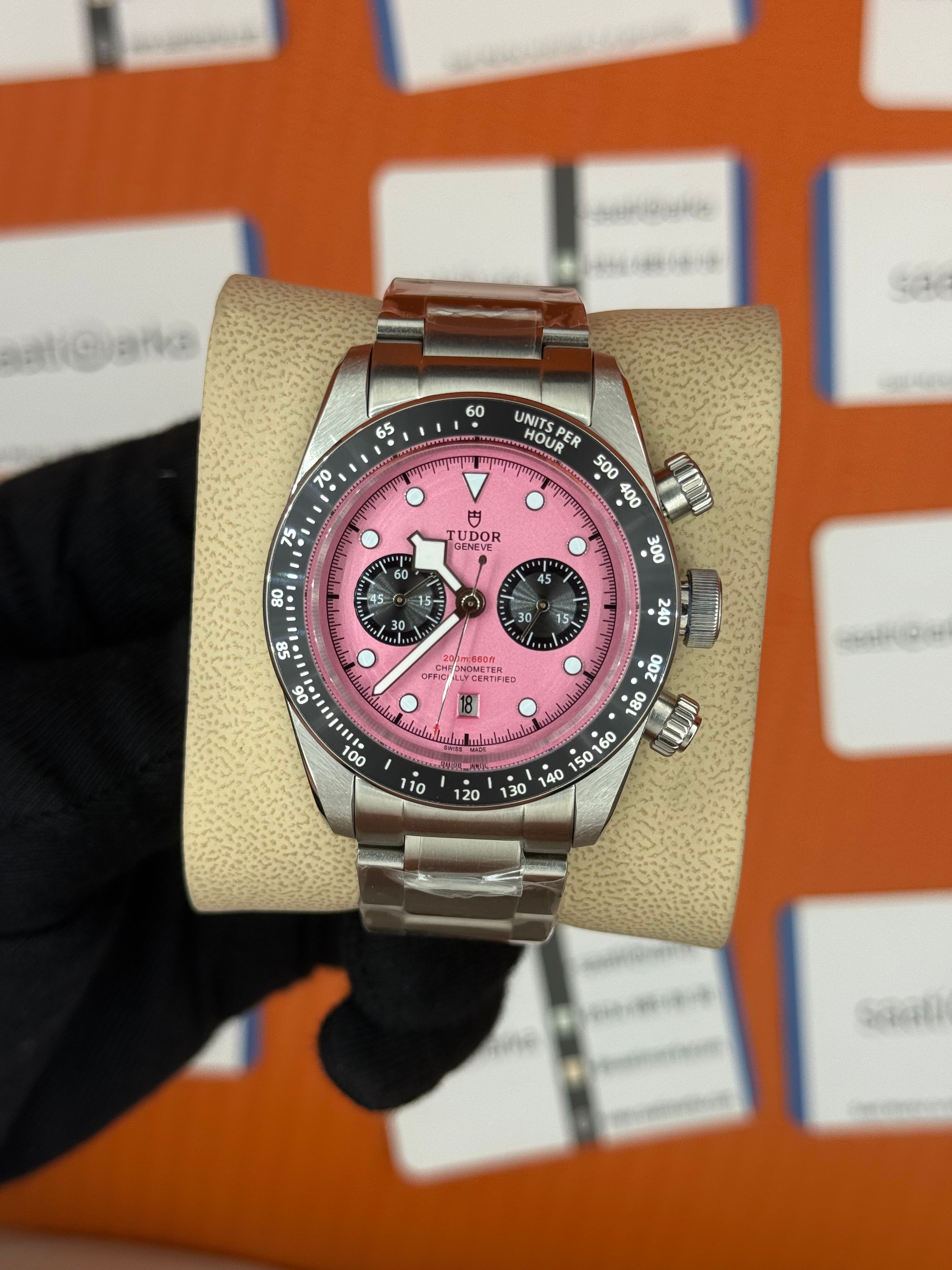 TUDOR black bay flamingo pink kadran silver kasa kordon 41mm erkek kol saati