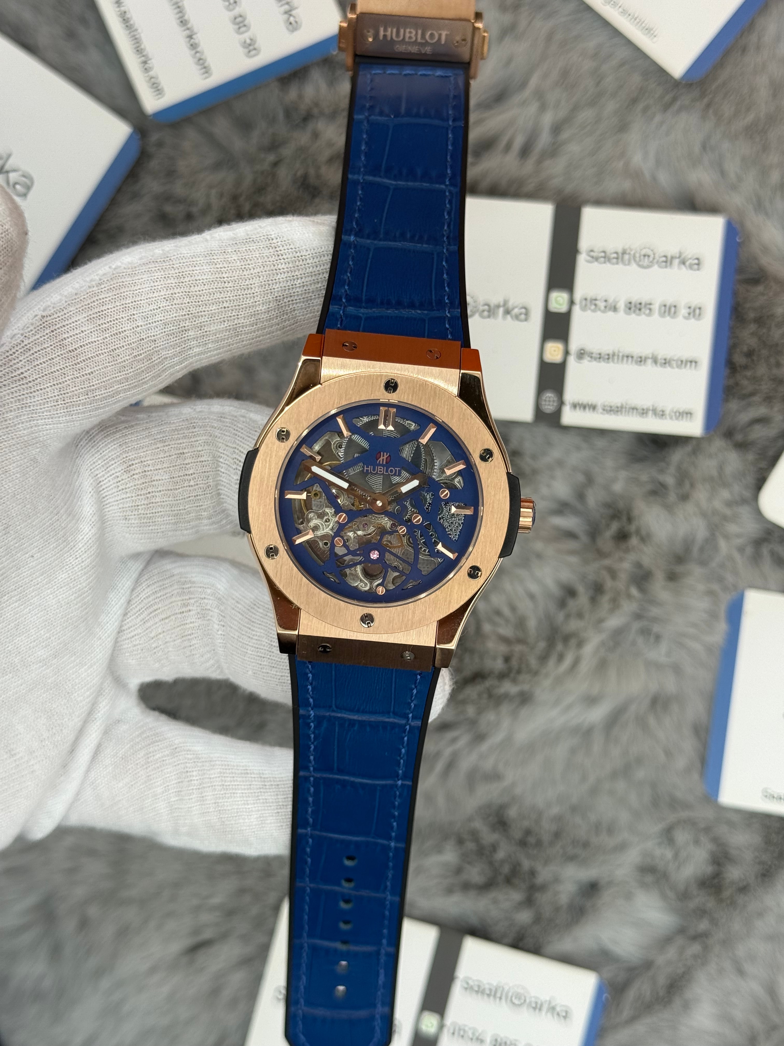 HUBLOT big bang tourbillon 41mm rose kasa mavi deri kordon erkek kol saati