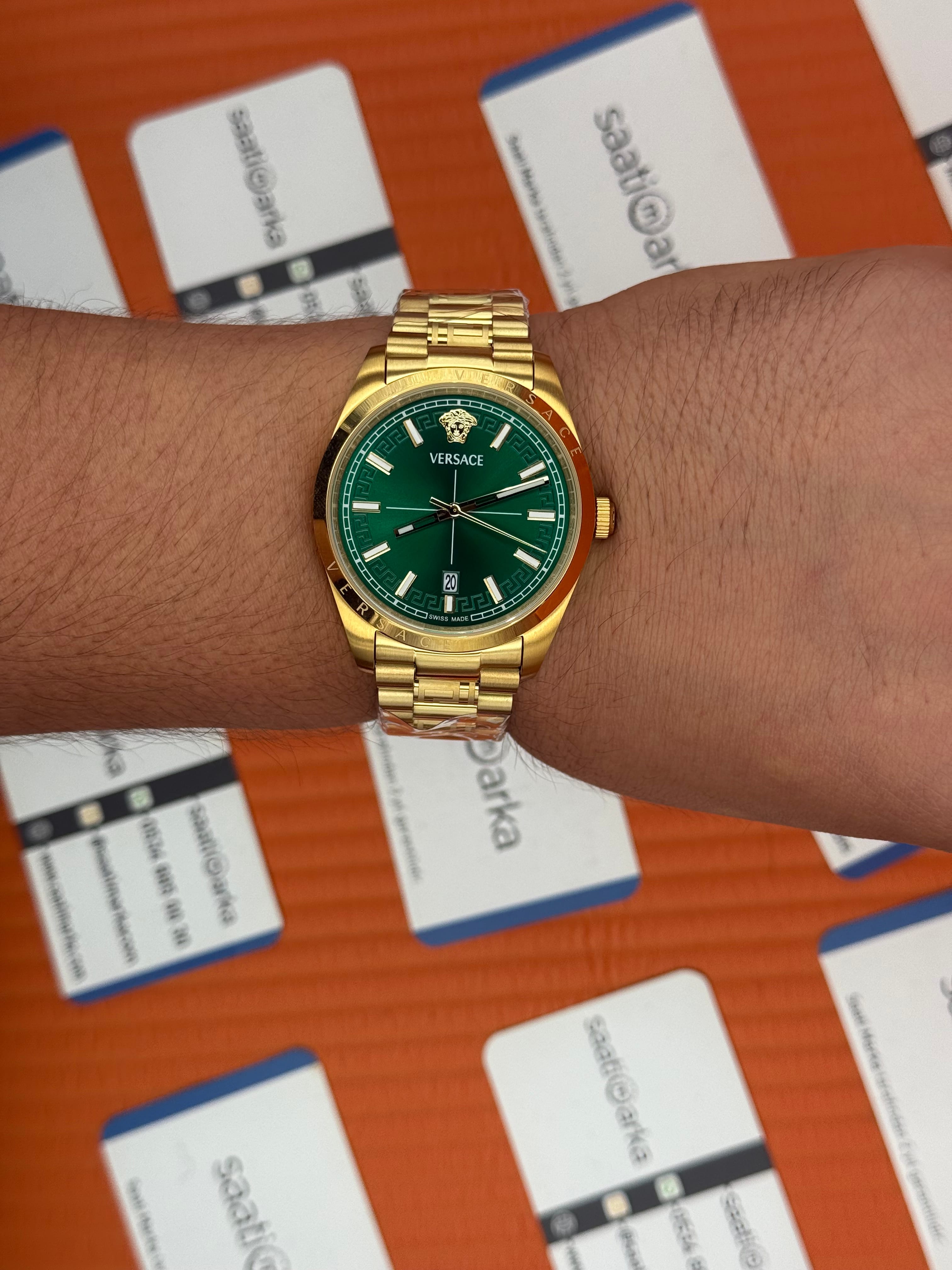 VERSACE 40mm yeşil kadran gold kasa kordon erkek kol saati