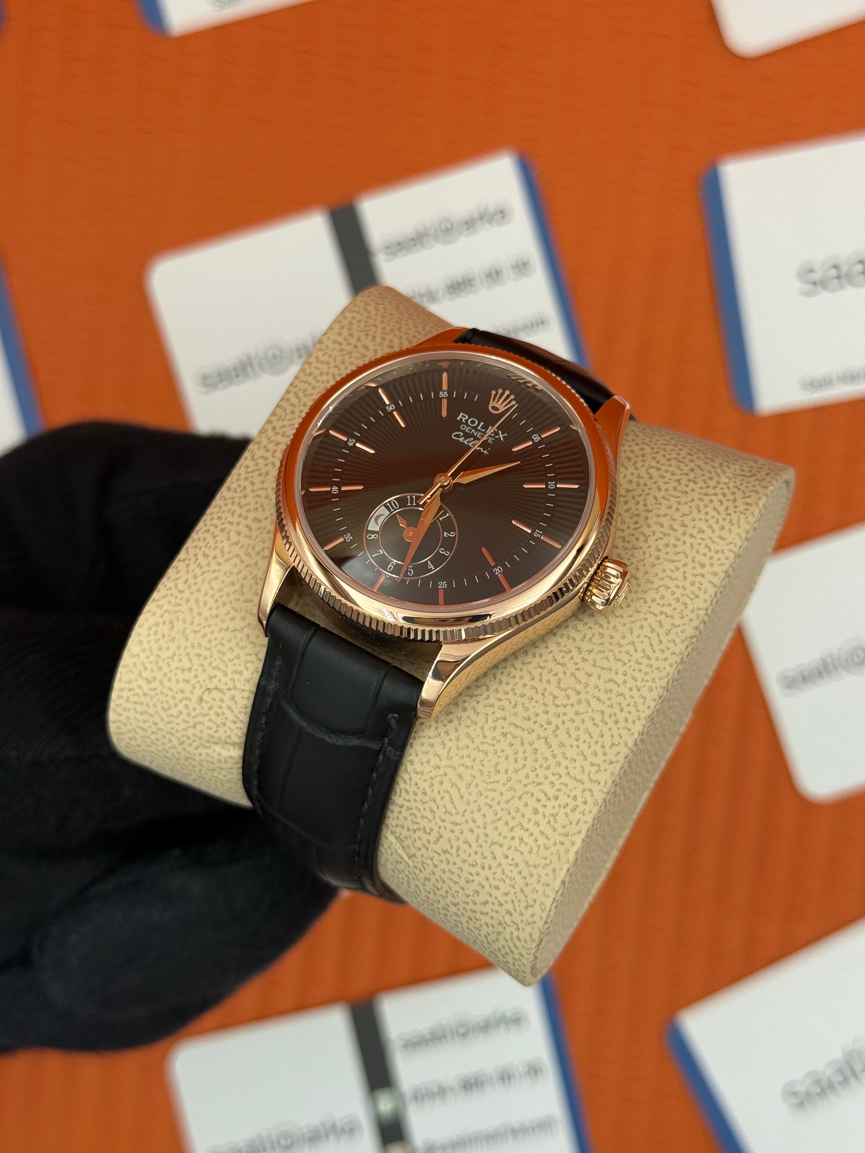 ROLEX Cellini rose kasa siyah kadran siyah deri kordon