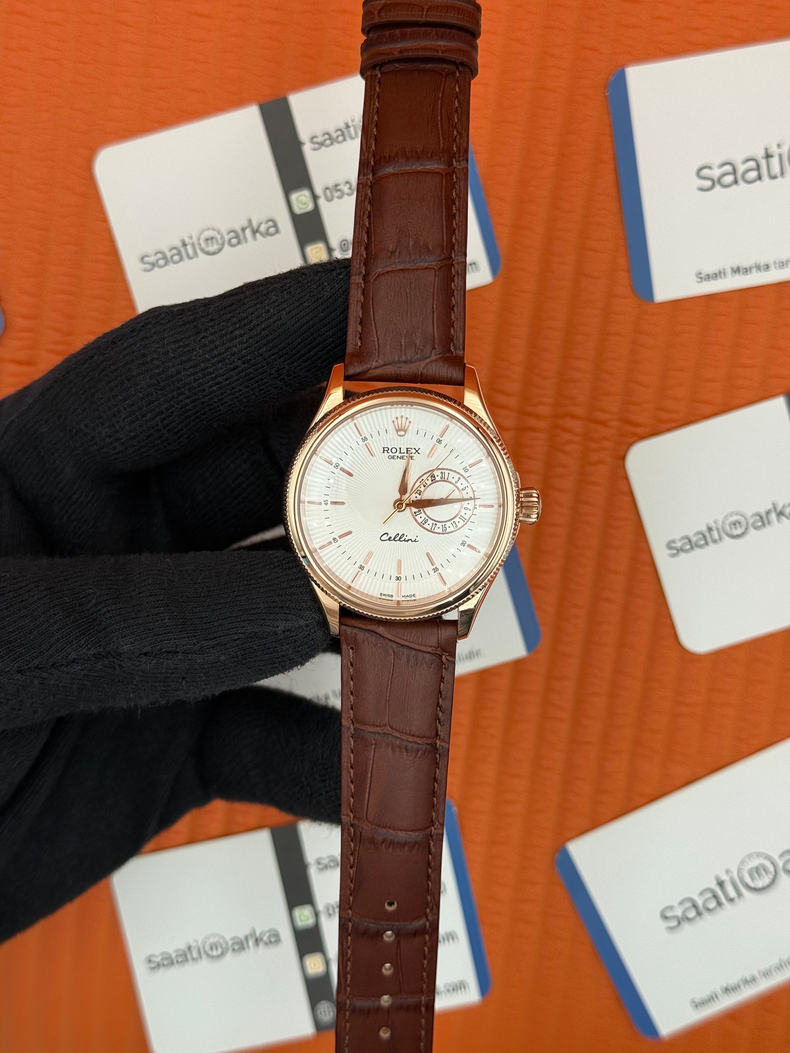 ROLEX Cellini rose kasa beyaz kadran kahverengi deri kordon