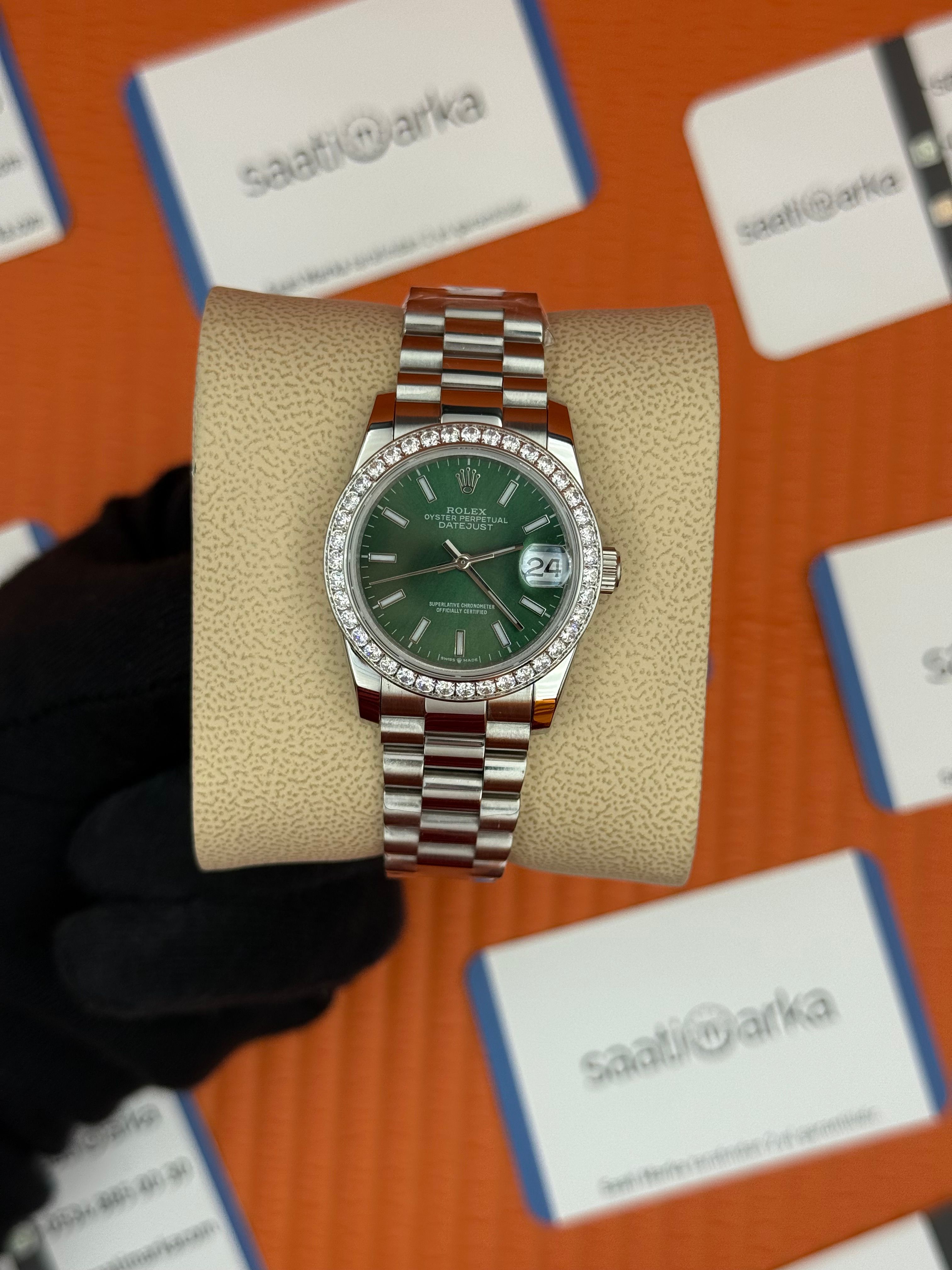 ROLEX datejust 31mm yeşil kadran silver president kordon taşlı bezel 