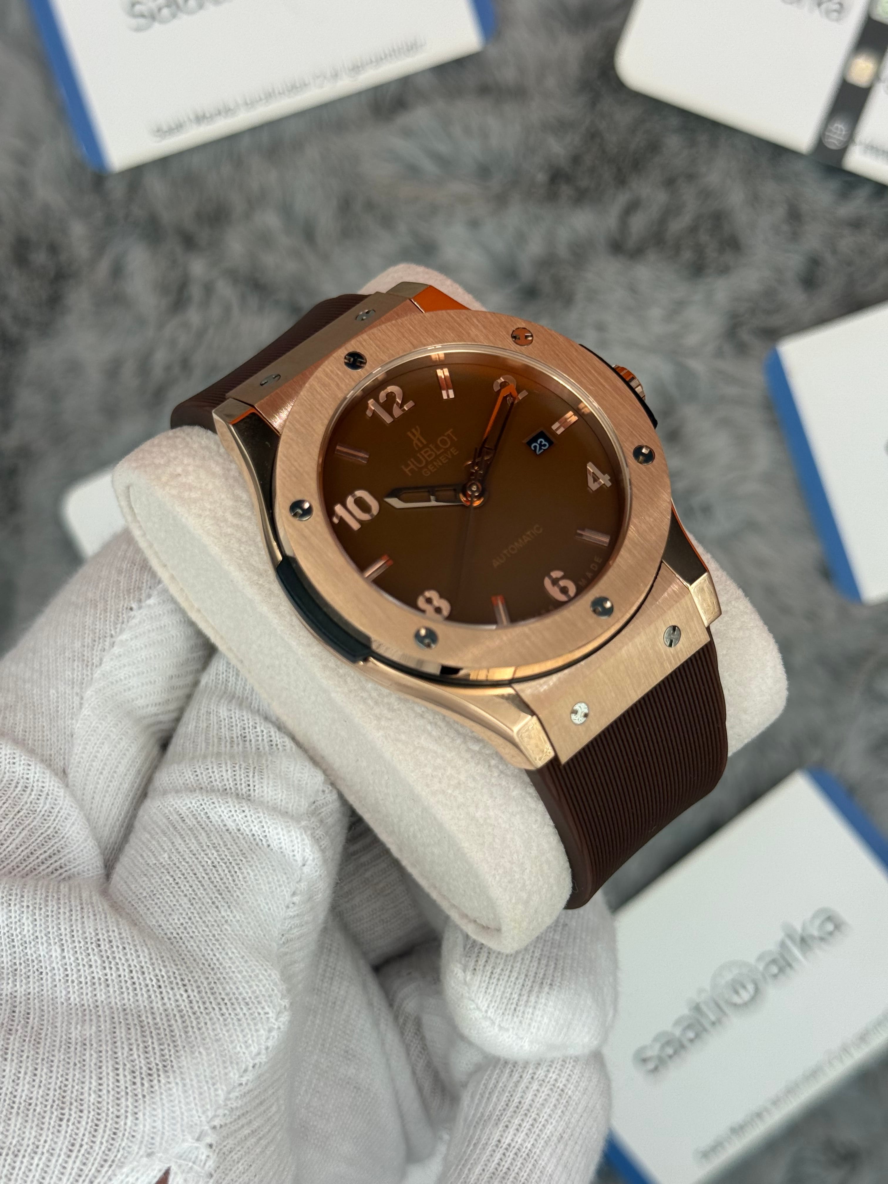 HUBLOT vendome 41mm rose kasa kahverengi kadran kahverengi kauçuk kordon erkek kol saati