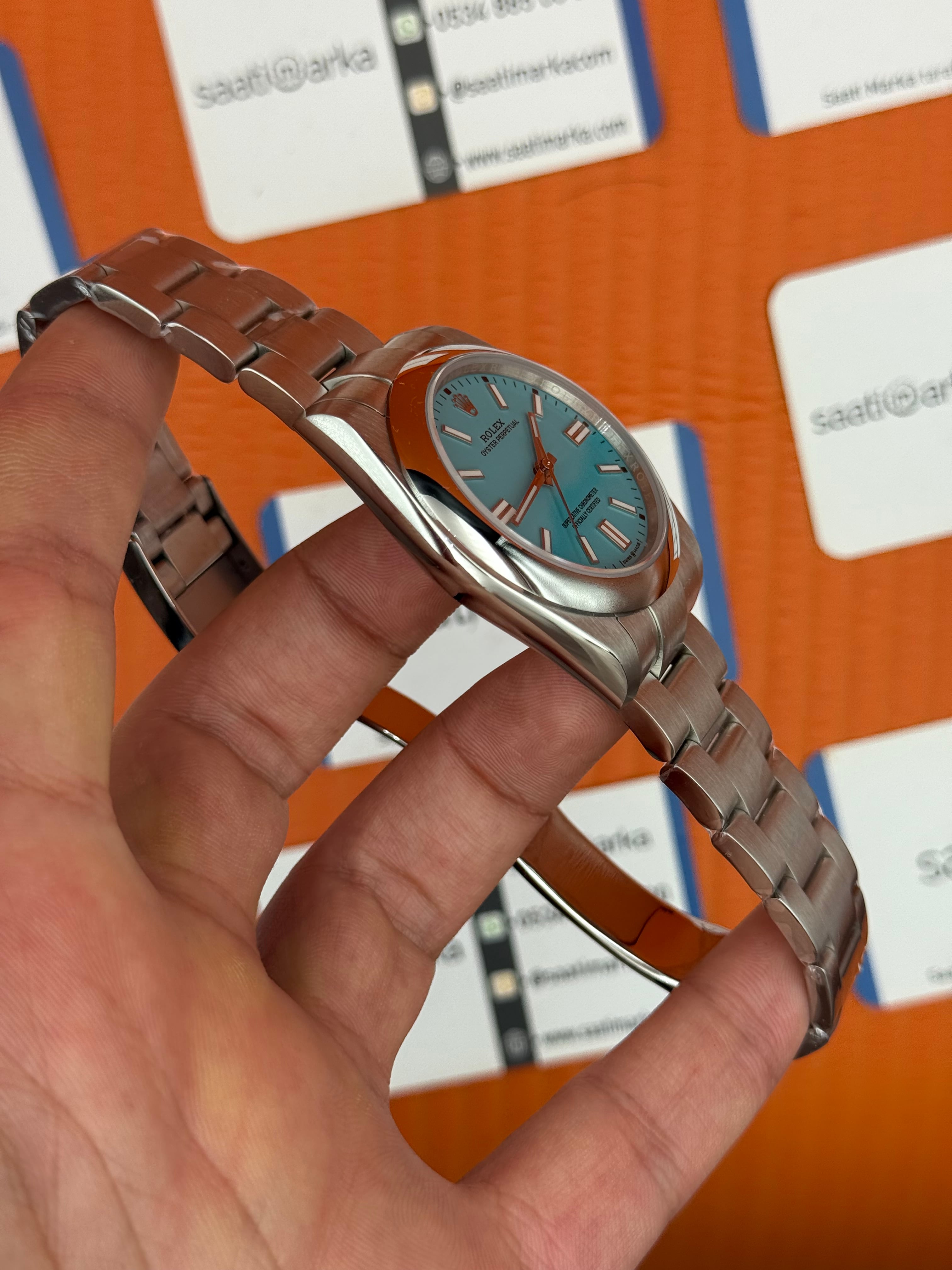 ROLEX oyster perpetual tiffany kadran silver kasa kordon erkek kol saati